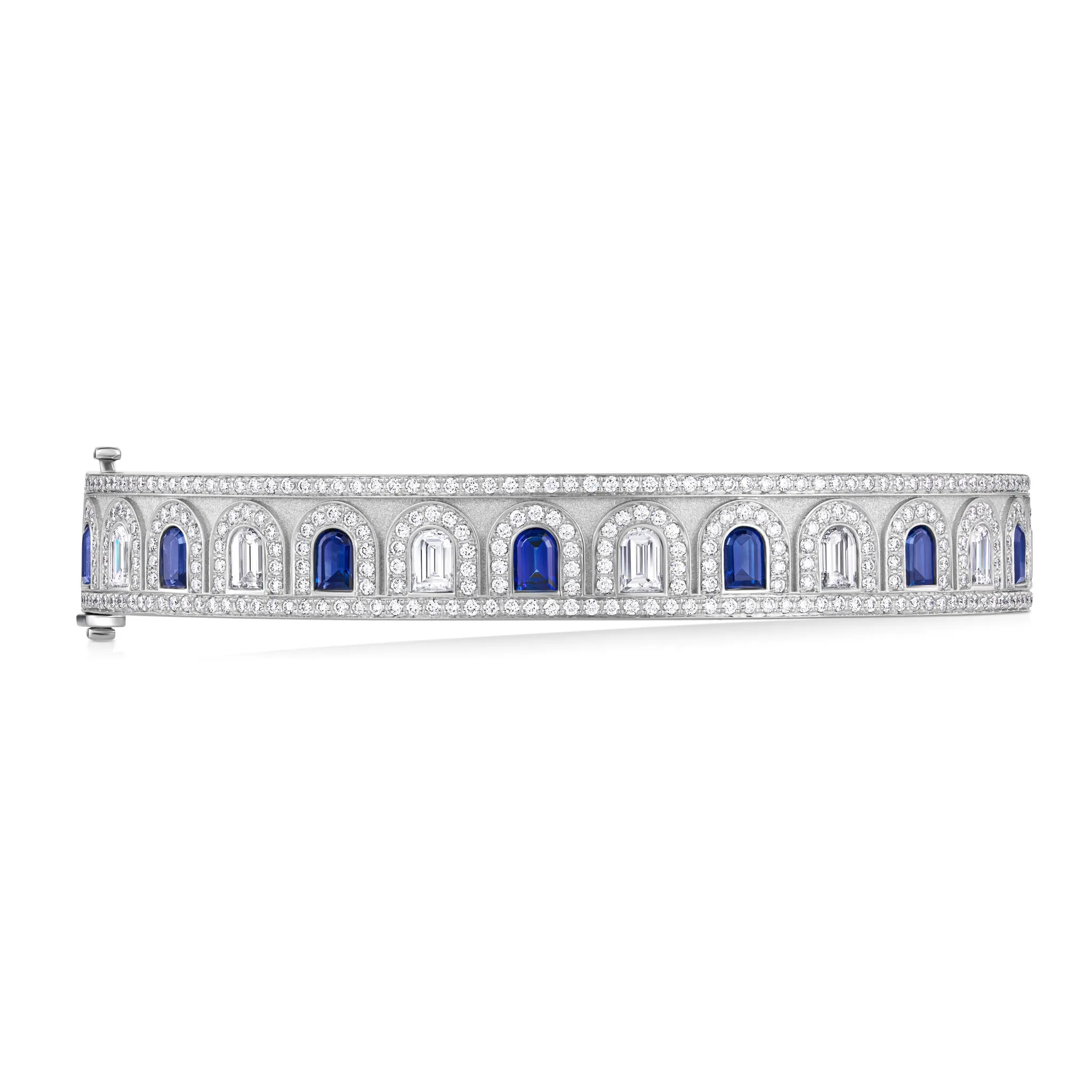 L'Arc Deco Bangle in Platinum with DAVIDOR Arch Cut Diamonds DAVIDOR Arch Cut Blue Sapphires and Brilliant Diamonds