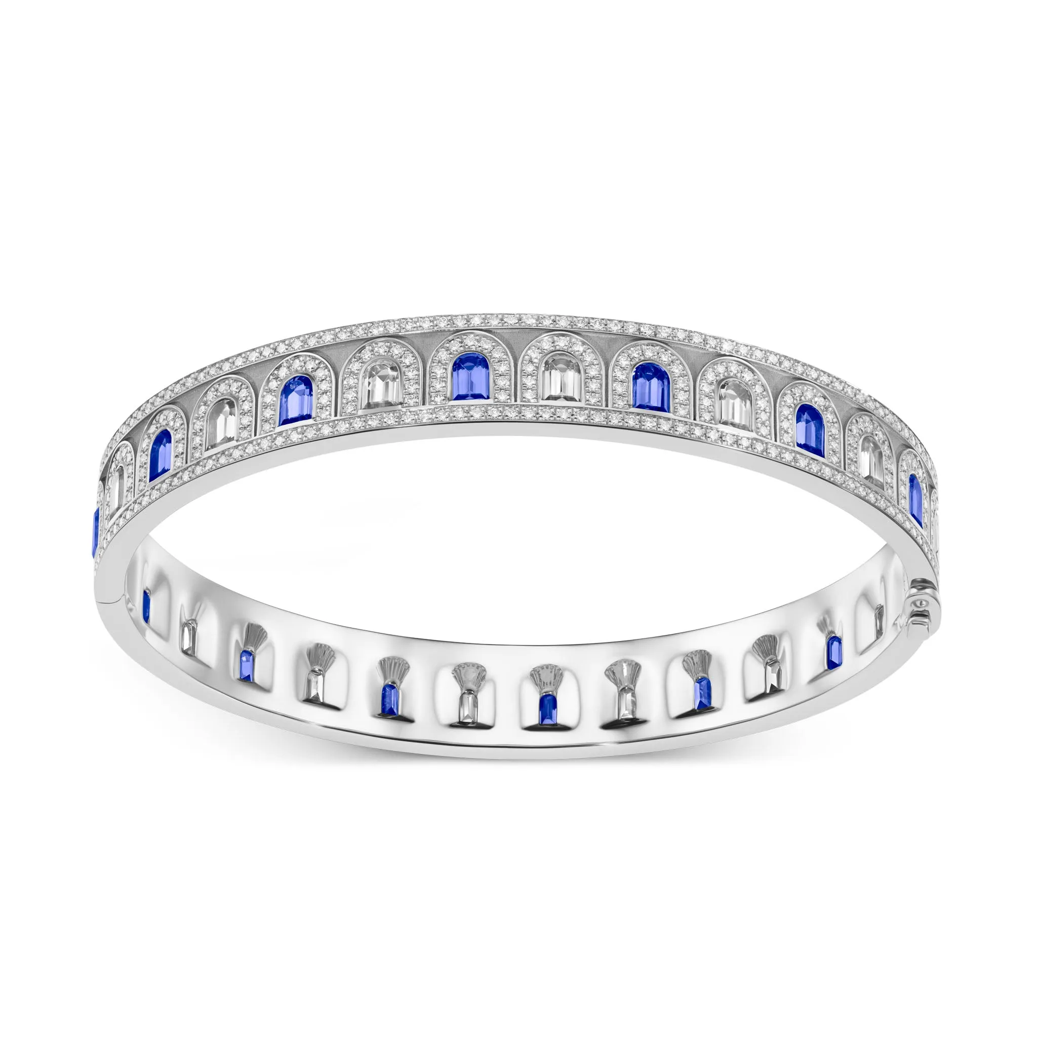 L'Arc Deco Bangle in Platinum with DAVIDOR Arch Cut Diamonds DAVIDOR Arch Cut Blue Sapphires and Brilliant Diamonds