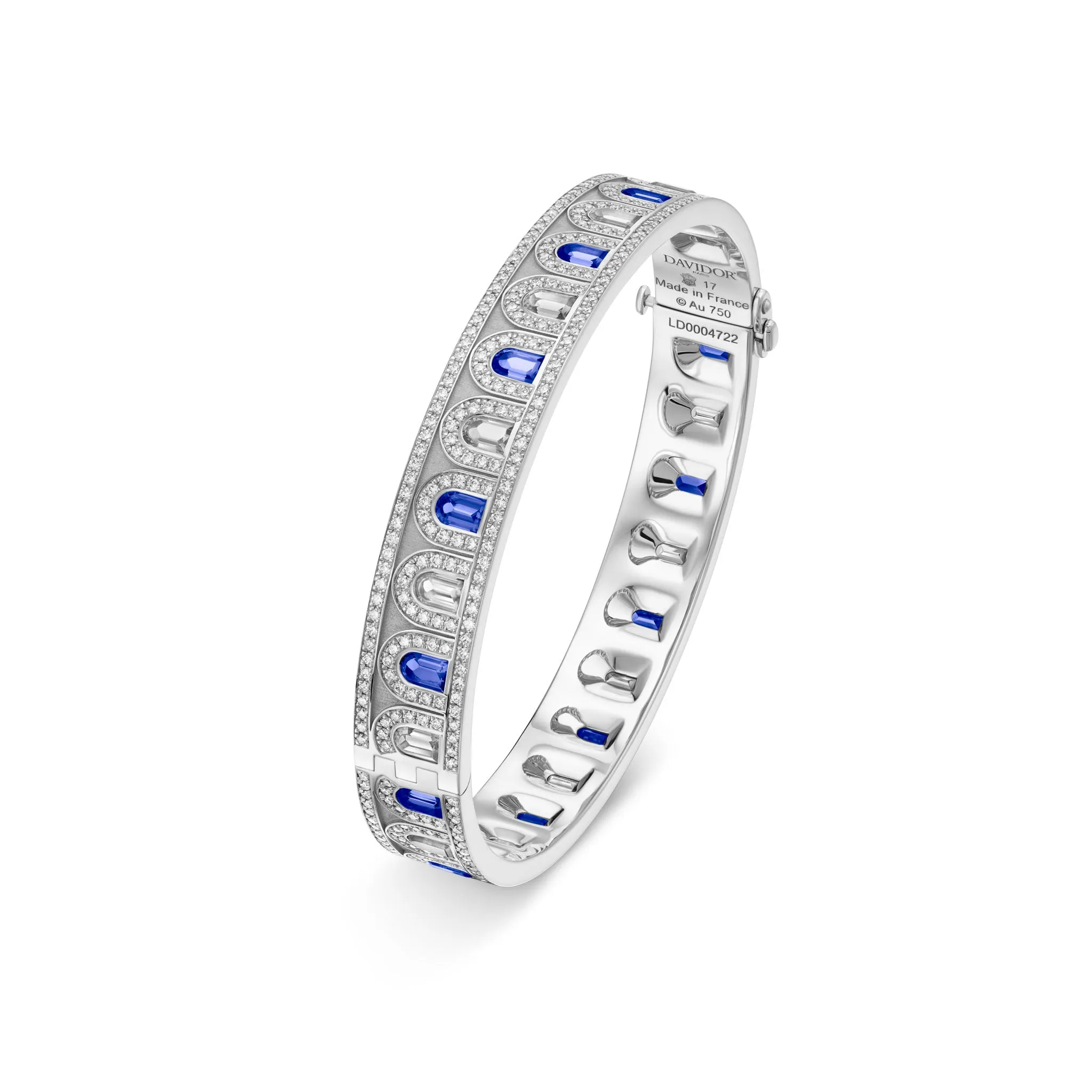 L'Arc Deco Bangle in Platinum with DAVIDOR Arch Cut Diamonds DAVIDOR Arch Cut Blue Sapphires and Brilliant Diamonds