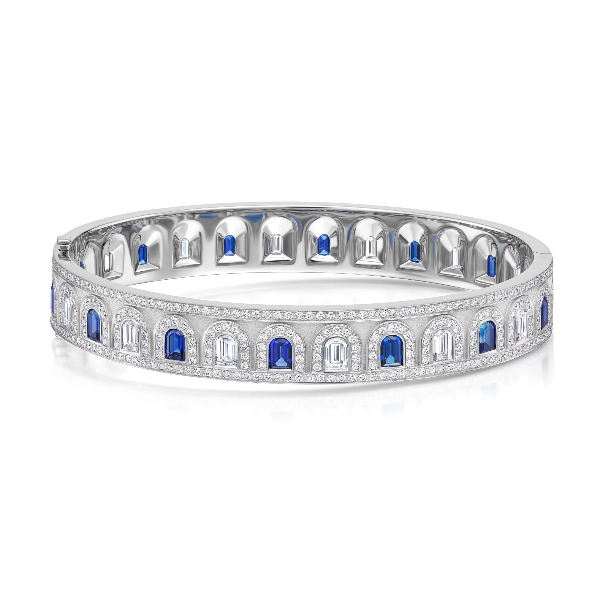 L'Arc Deco Bangle in Platinum with DAVIDOR Arch Cut Diamonds DAVIDOR Arch Cut Blue Sapphires and Brilliant Diamonds