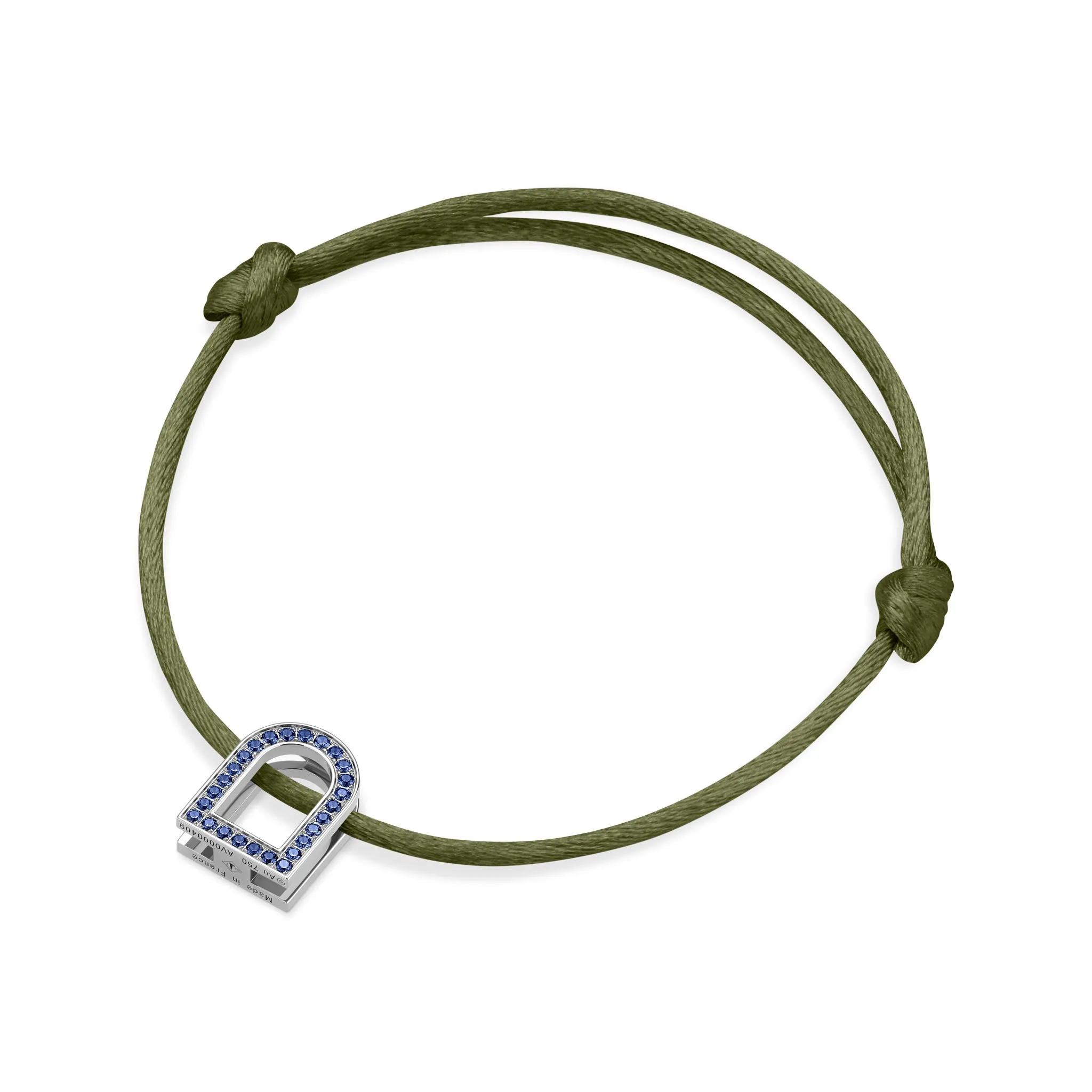 L'Arc Voyage Charm MM, 18k White Gold with Galerie Blue Sapphires on Silk Cord