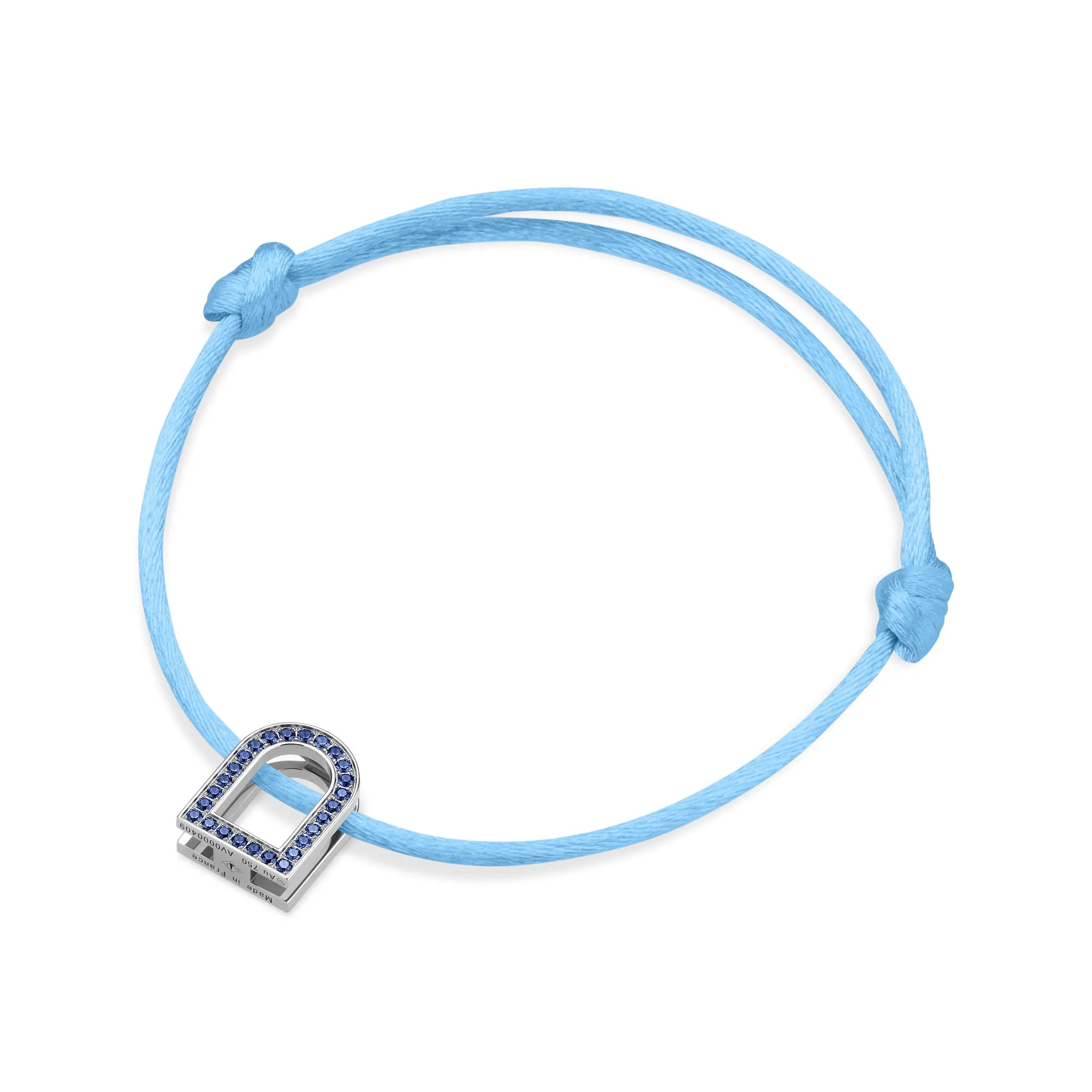 L'Arc Voyage Charm MM, 18k White Gold with Galerie Blue Sapphires on Silk Cord