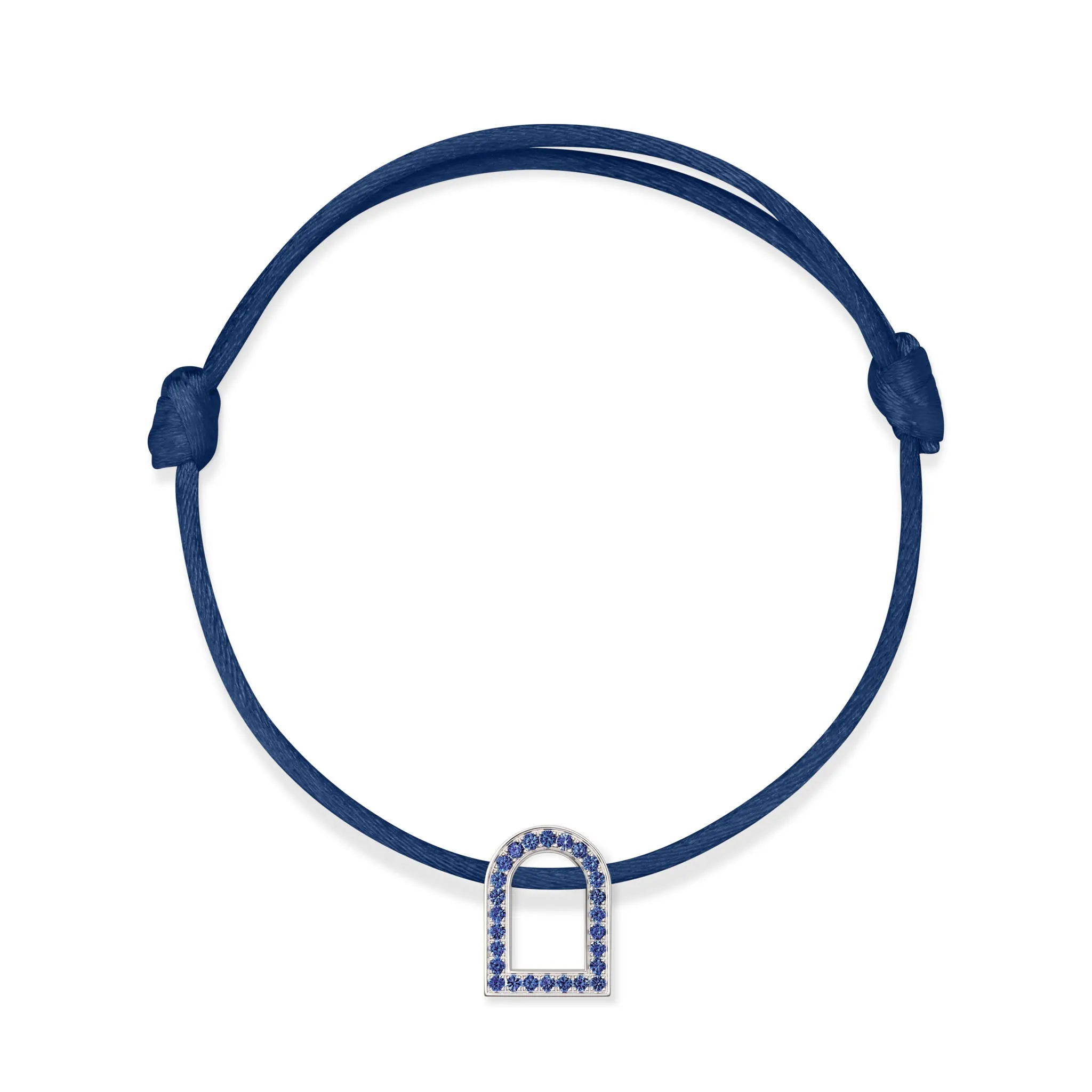 L'Arc Voyage Charm MM, 18k White Gold with Galerie Blue Sapphires on Silk Cord