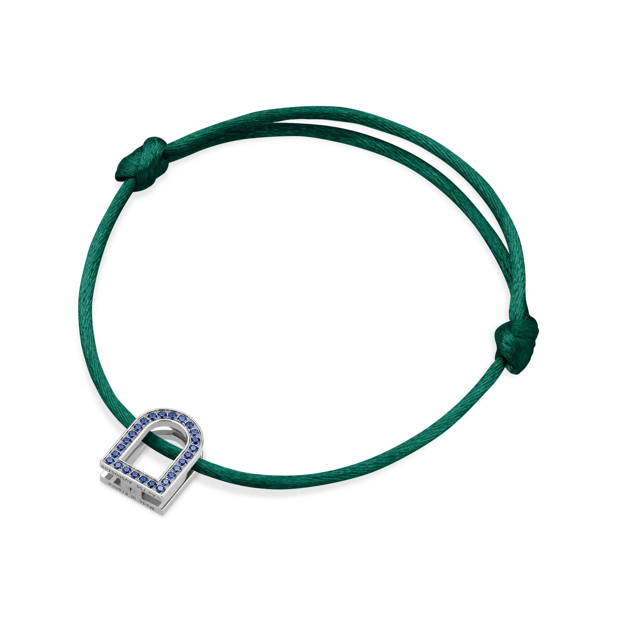 L'Arc Voyage Charm MM, 18k White Gold with Galerie Blue Sapphires on Silk Cord