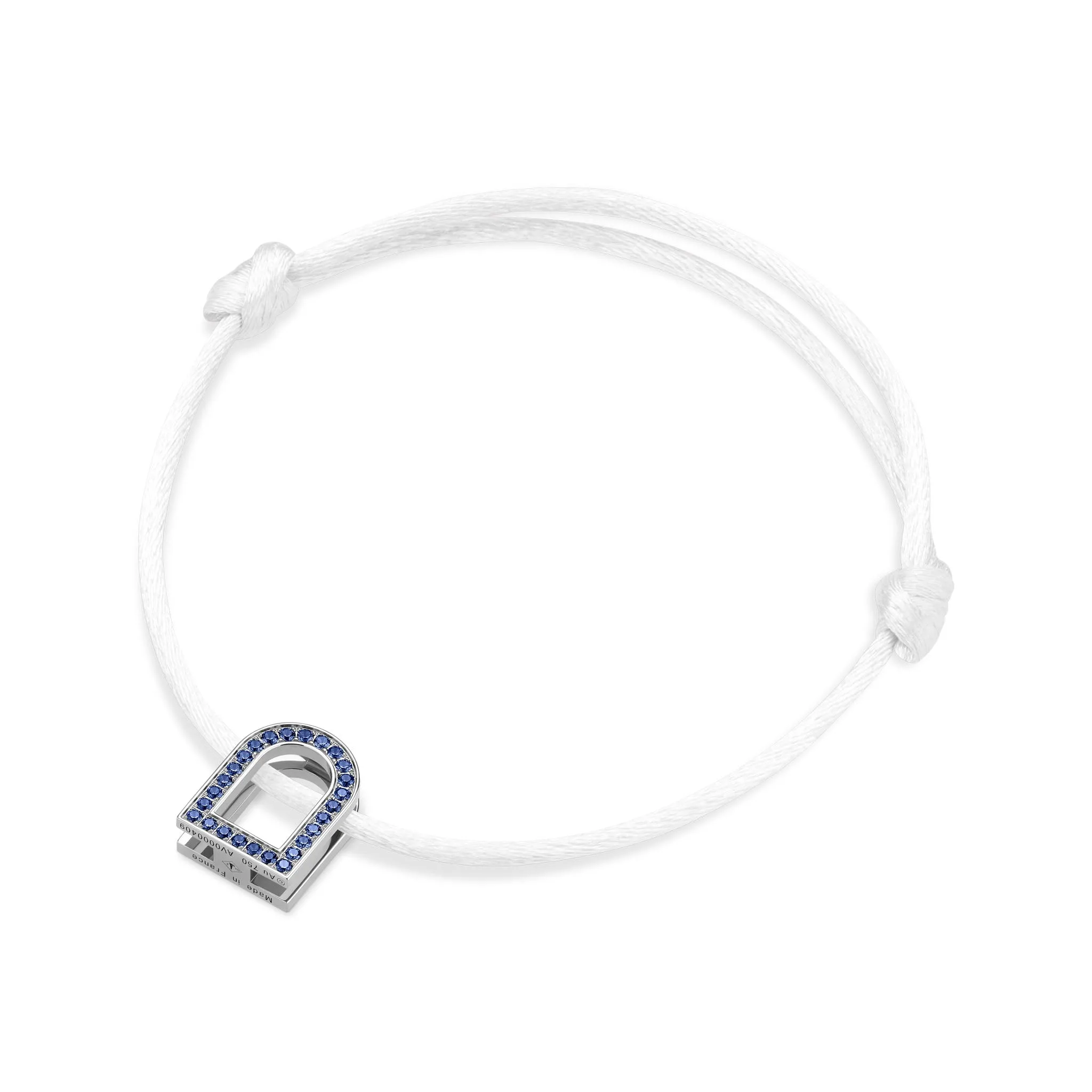 L'Arc Voyage Charm MM, 18k White Gold with Galerie Blue Sapphires on Silk Cord