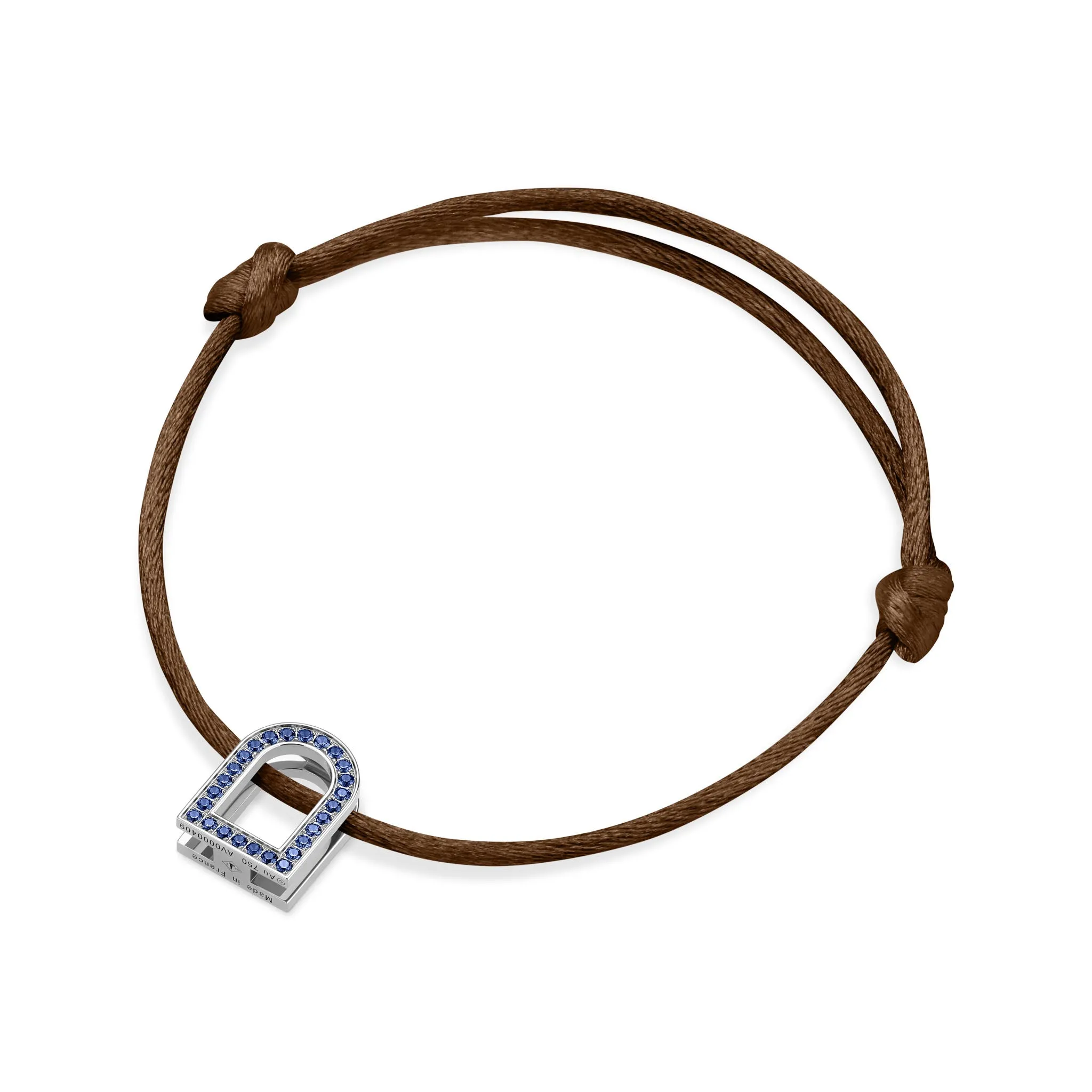 L'Arc Voyage Charm MM, 18k White Gold with Galerie Blue Sapphires on Silk Cord