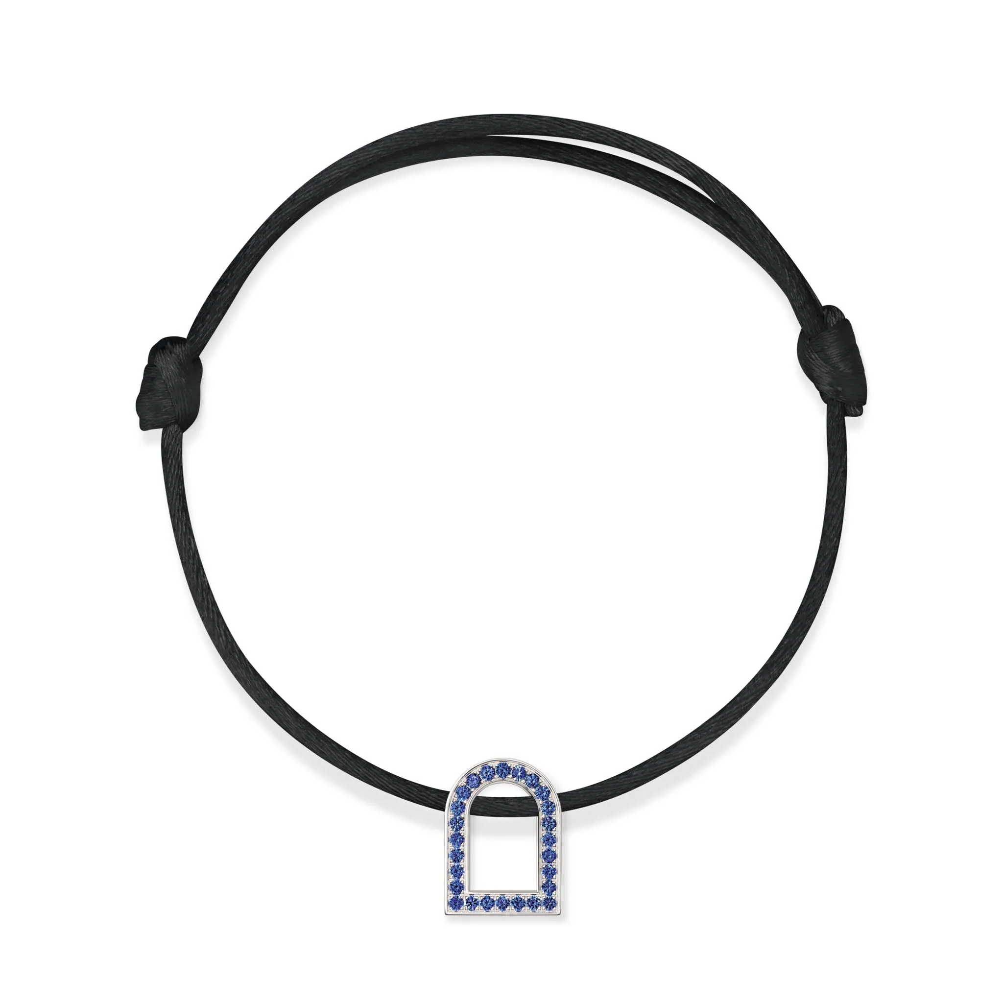 L'Arc Voyage Charm MM, 18k White Gold with Galerie Blue Sapphires on Silk Cord