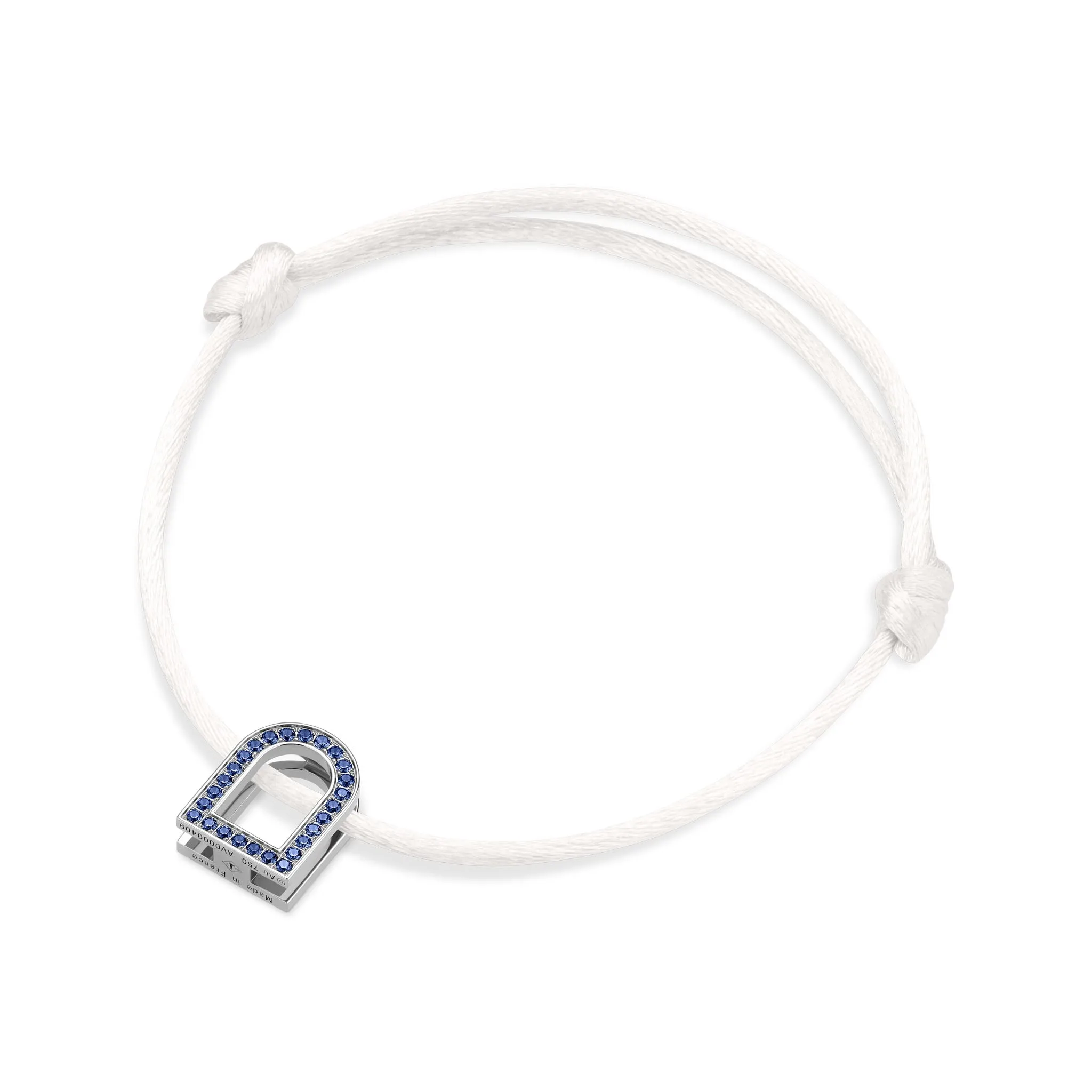 L'Arc Voyage Charm MM, 18k White Gold with Galerie Blue Sapphires on Silk Cord