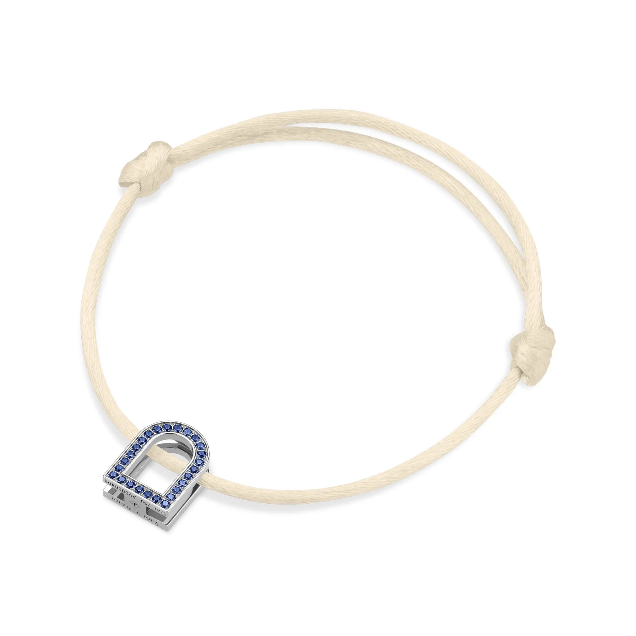 L'Arc Voyage Charm MM, 18k White Gold with Galerie Blue Sapphires on Silk Cord