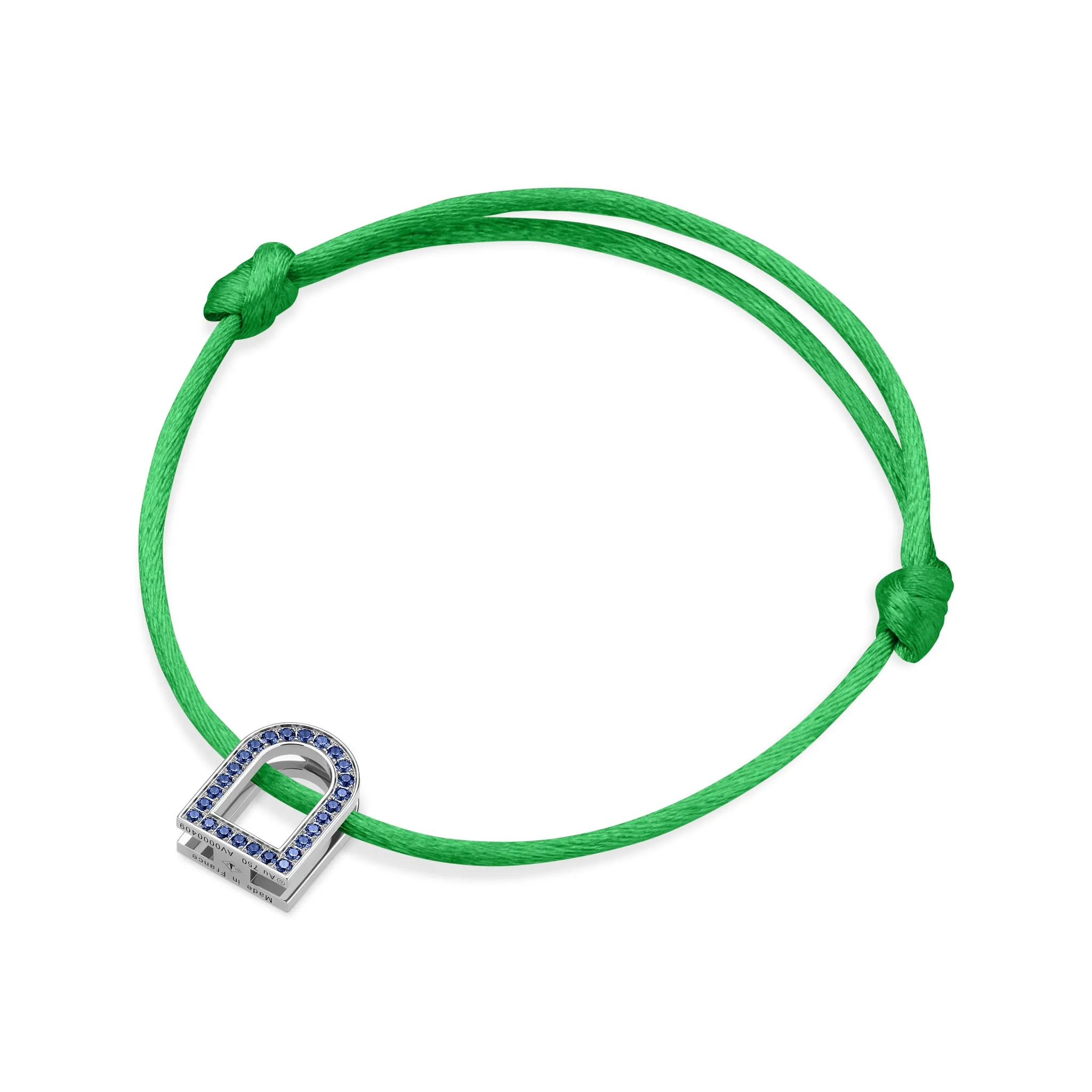 L'Arc Voyage Charm MM, 18k White Gold with Galerie Blue Sapphires on Silk Cord