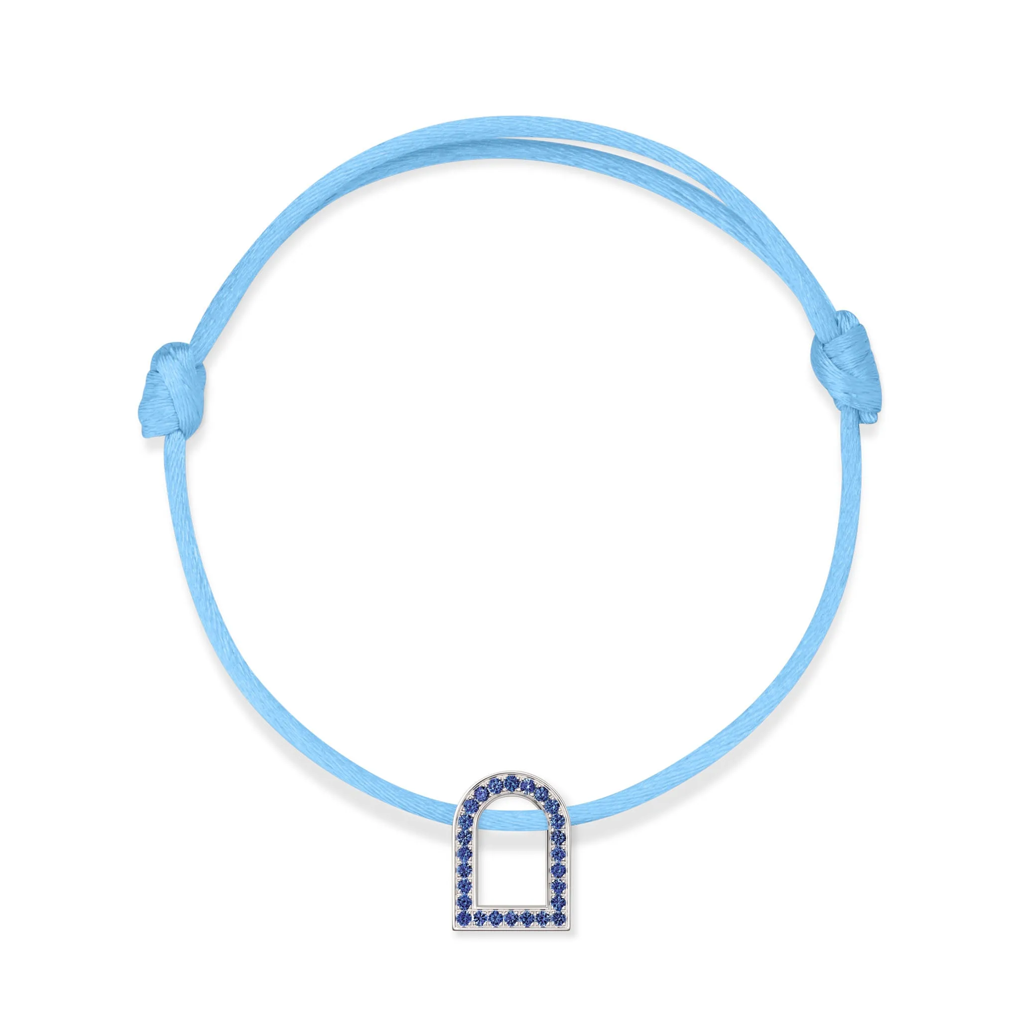 L'Arc Voyage Charm MM, 18k White Gold with Galerie Blue Sapphires on Silk Cord