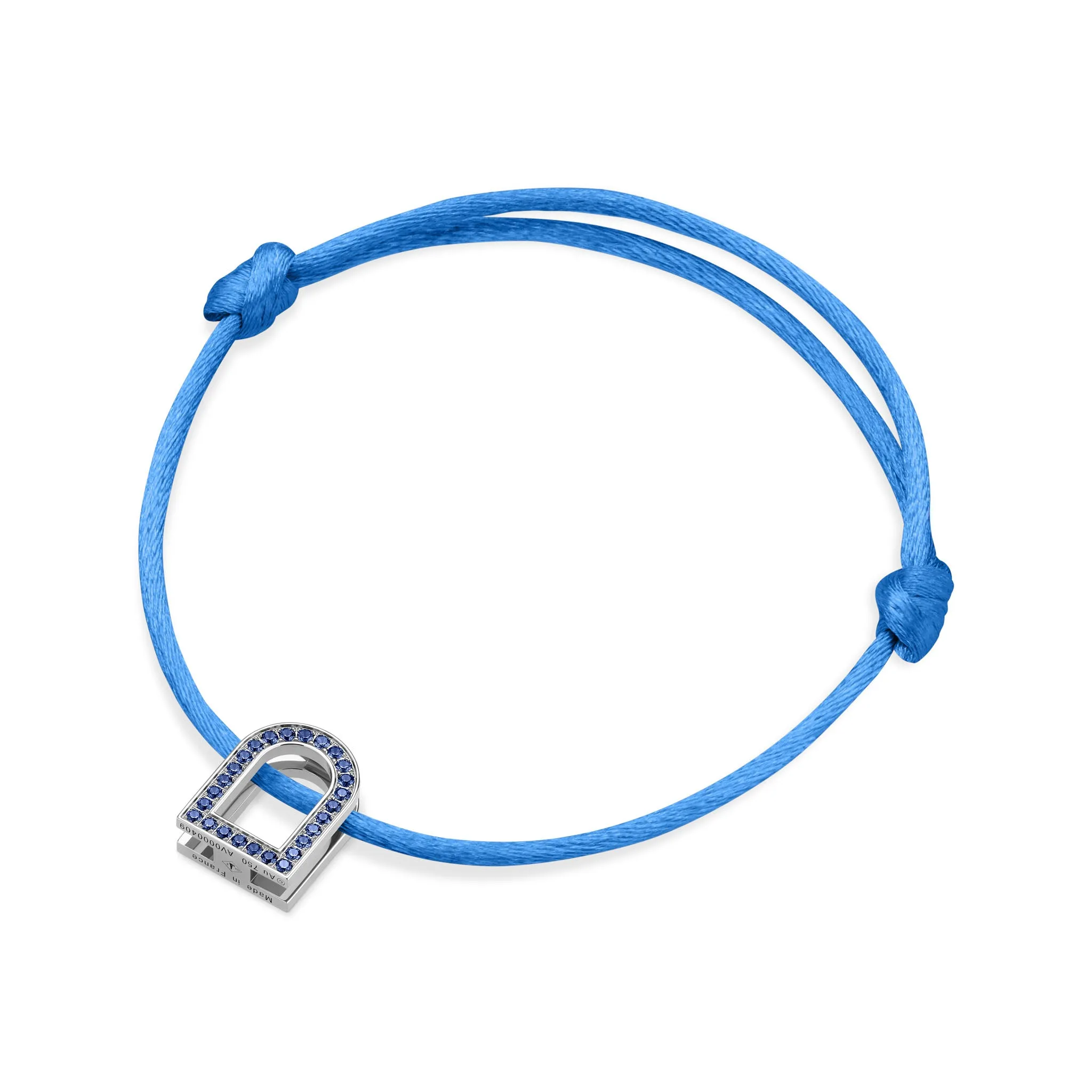 L'Arc Voyage Charm MM, 18k White Gold with Galerie Blue Sapphires on Silk Cord