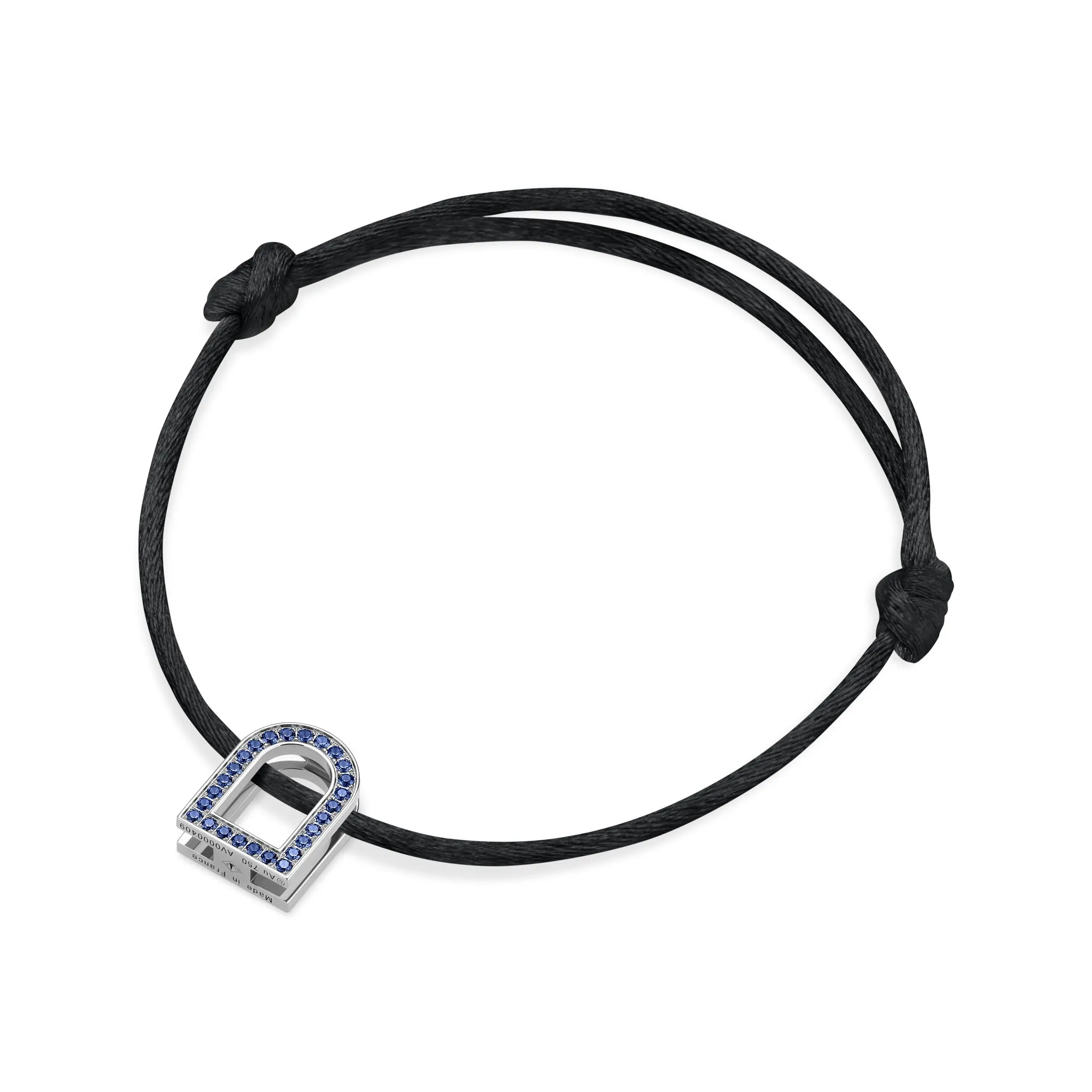 L'Arc Voyage Charm MM, 18k White Gold with Galerie Blue Sapphires on Silk Cord