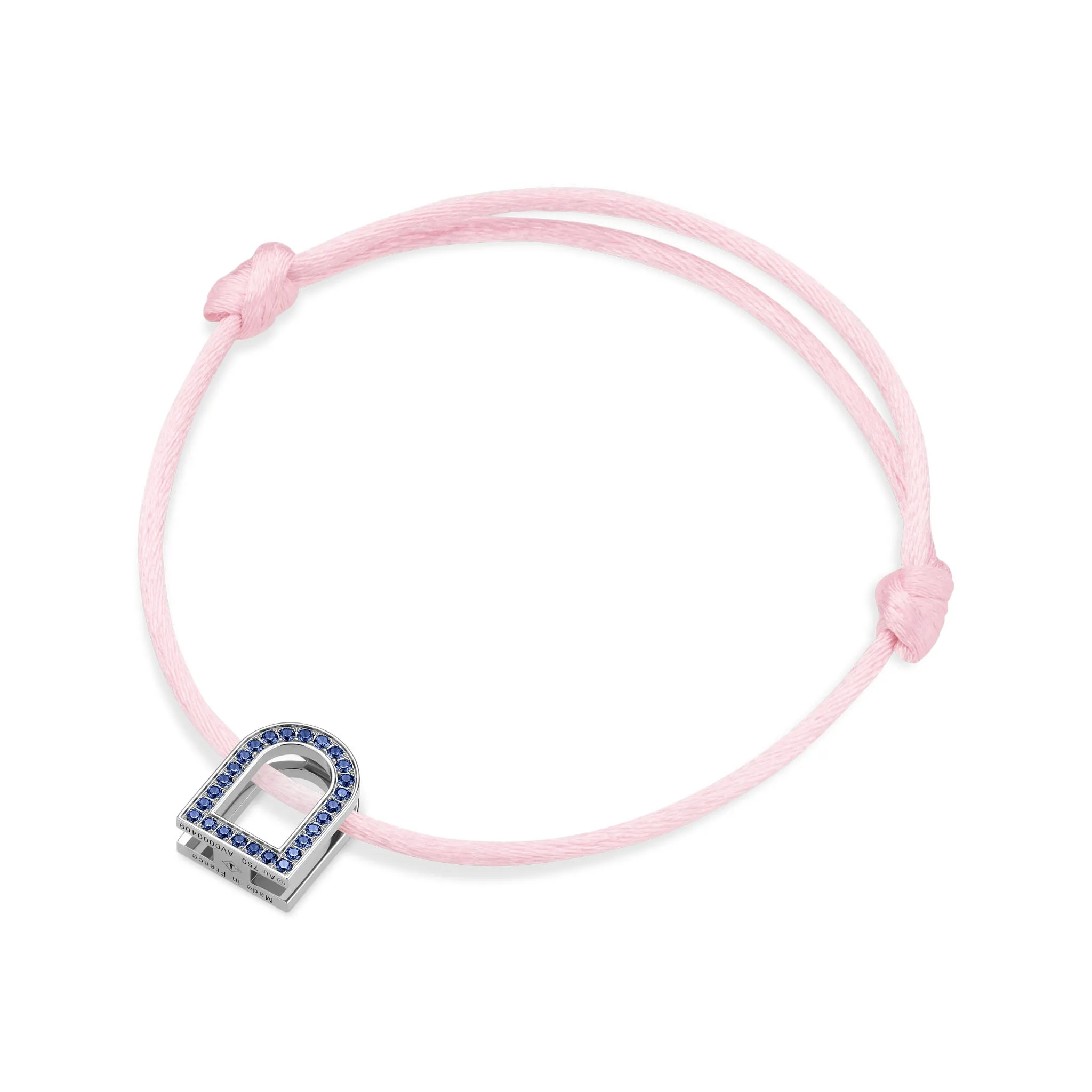 L'Arc Voyage Charm MM, 18k White Gold with Galerie Blue Sapphires on Silk Cord
