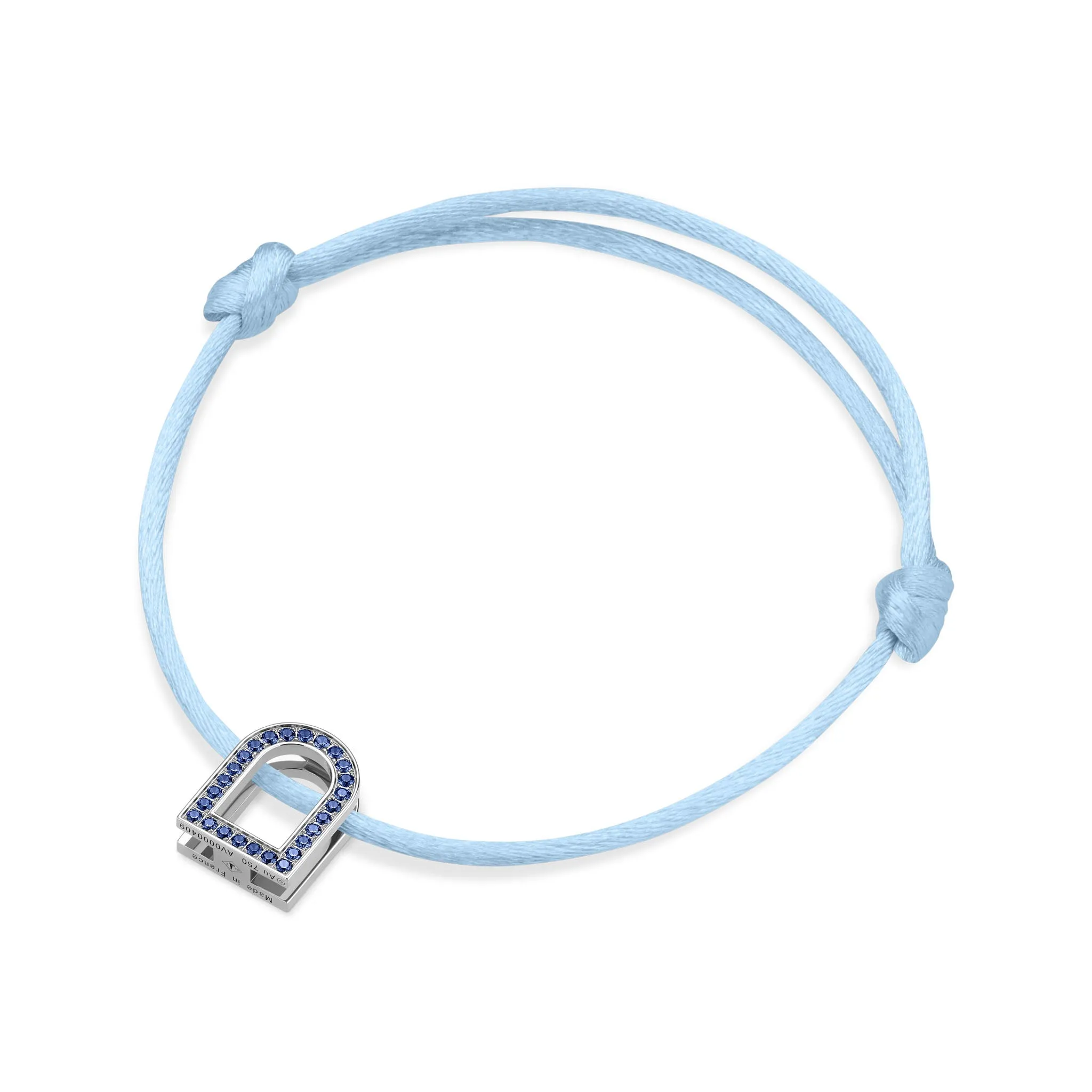 L'Arc Voyage Charm MM, 18k White Gold with Galerie Blue Sapphires on Silk Cord