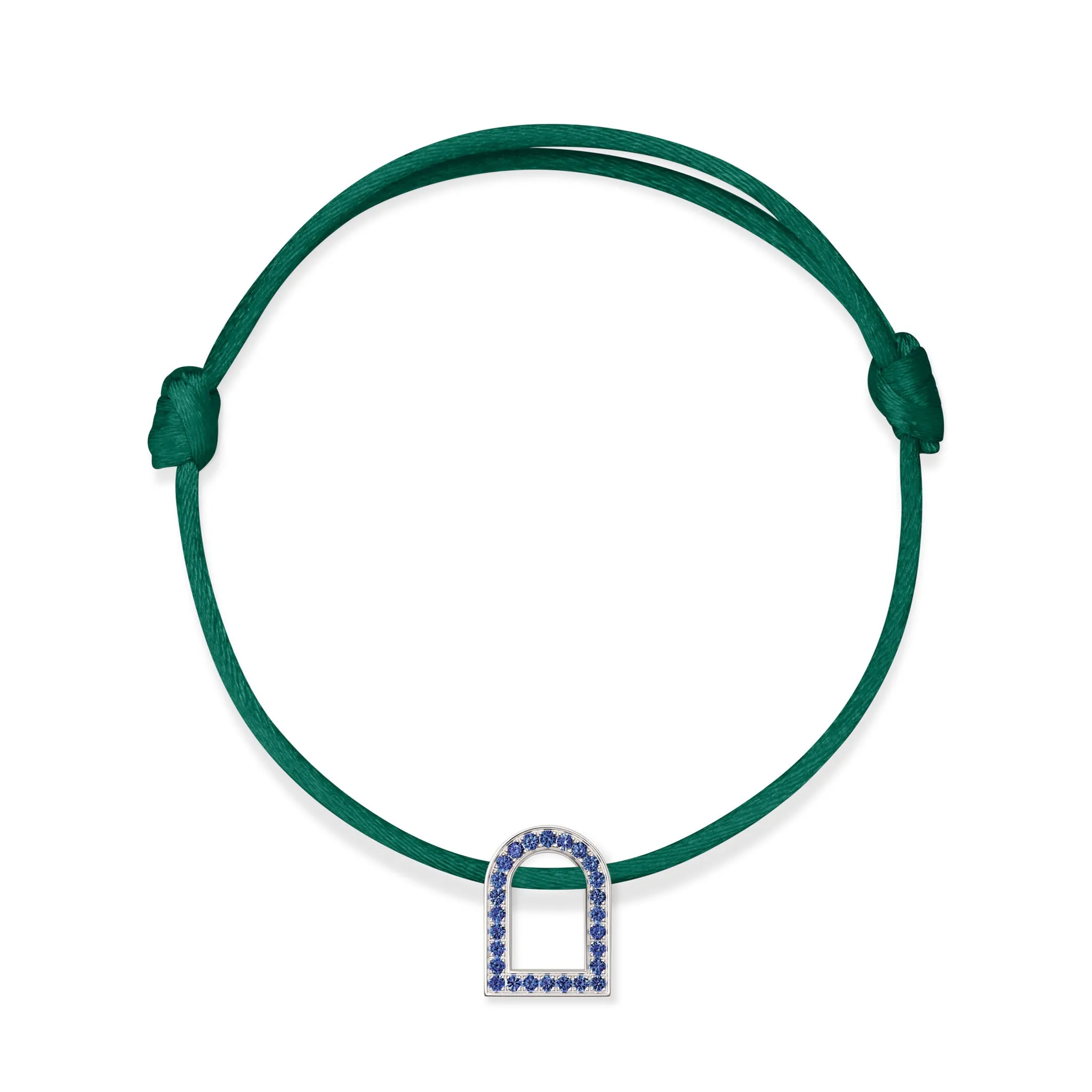 L'Arc Voyage Charm MM, 18k White Gold with Galerie Blue Sapphires on Silk Cord