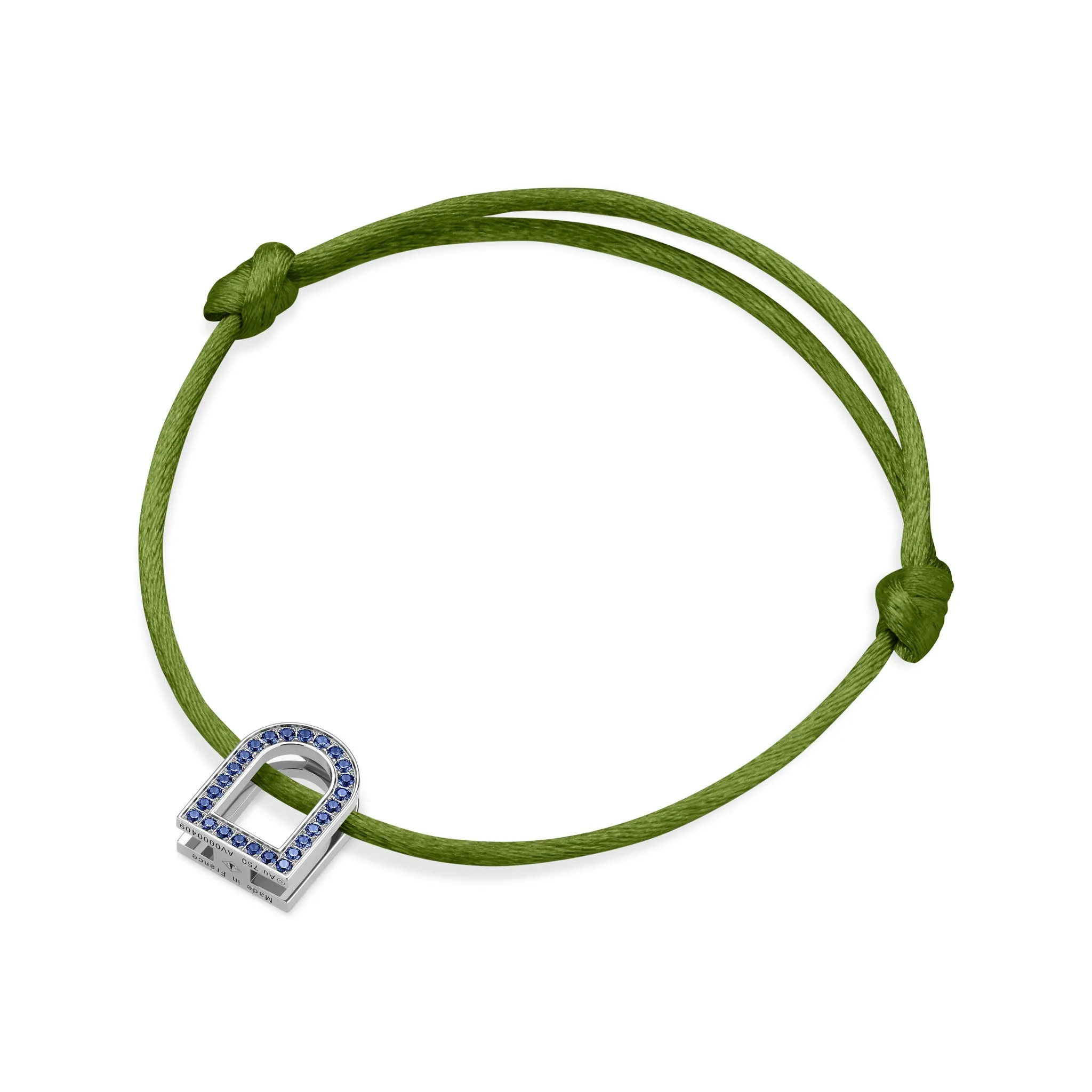 L'Arc Voyage Charm MM, 18k White Gold with Galerie Blue Sapphires on Silk Cord