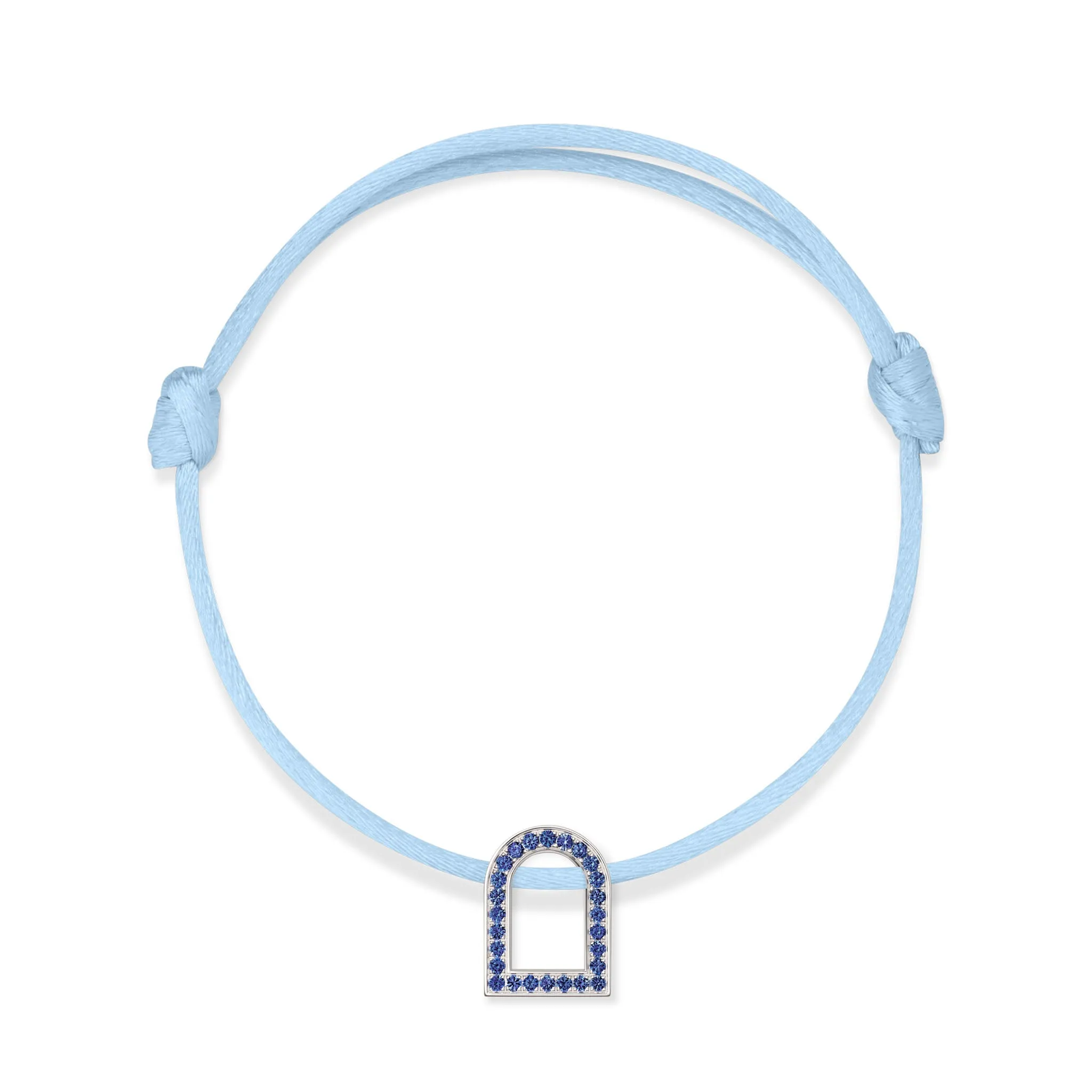 L'Arc Voyage Charm MM, 18k White Gold with Galerie Blue Sapphires on Silk Cord