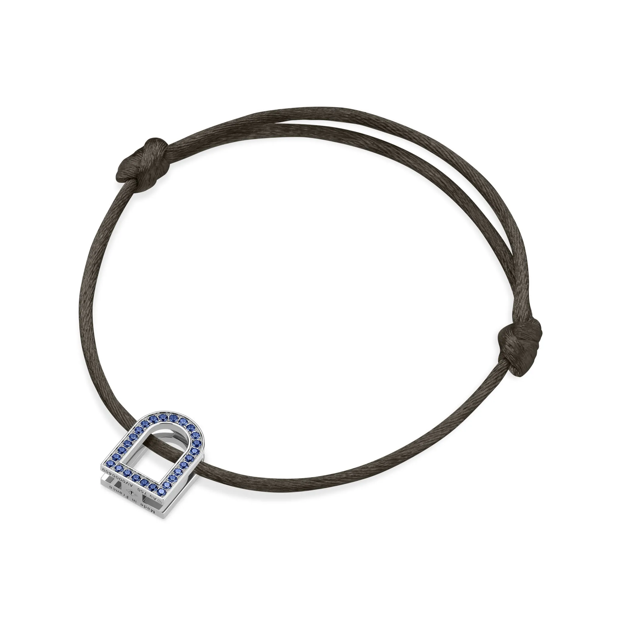 L'Arc Voyage Charm MM, 18k White Gold with Galerie Blue Sapphires on Silk Cord