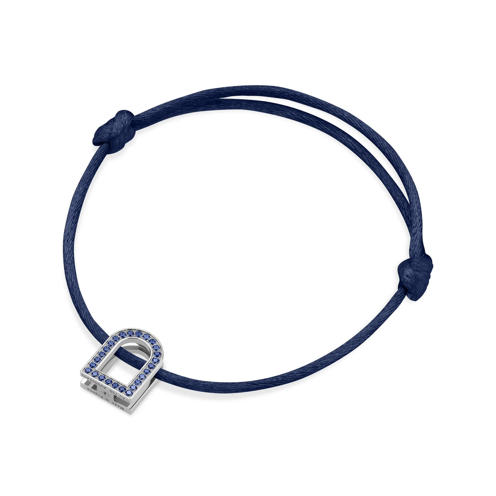 L'Arc Voyage Charm MM, 18k White Gold with Galerie Blue Sapphires on Silk Cord