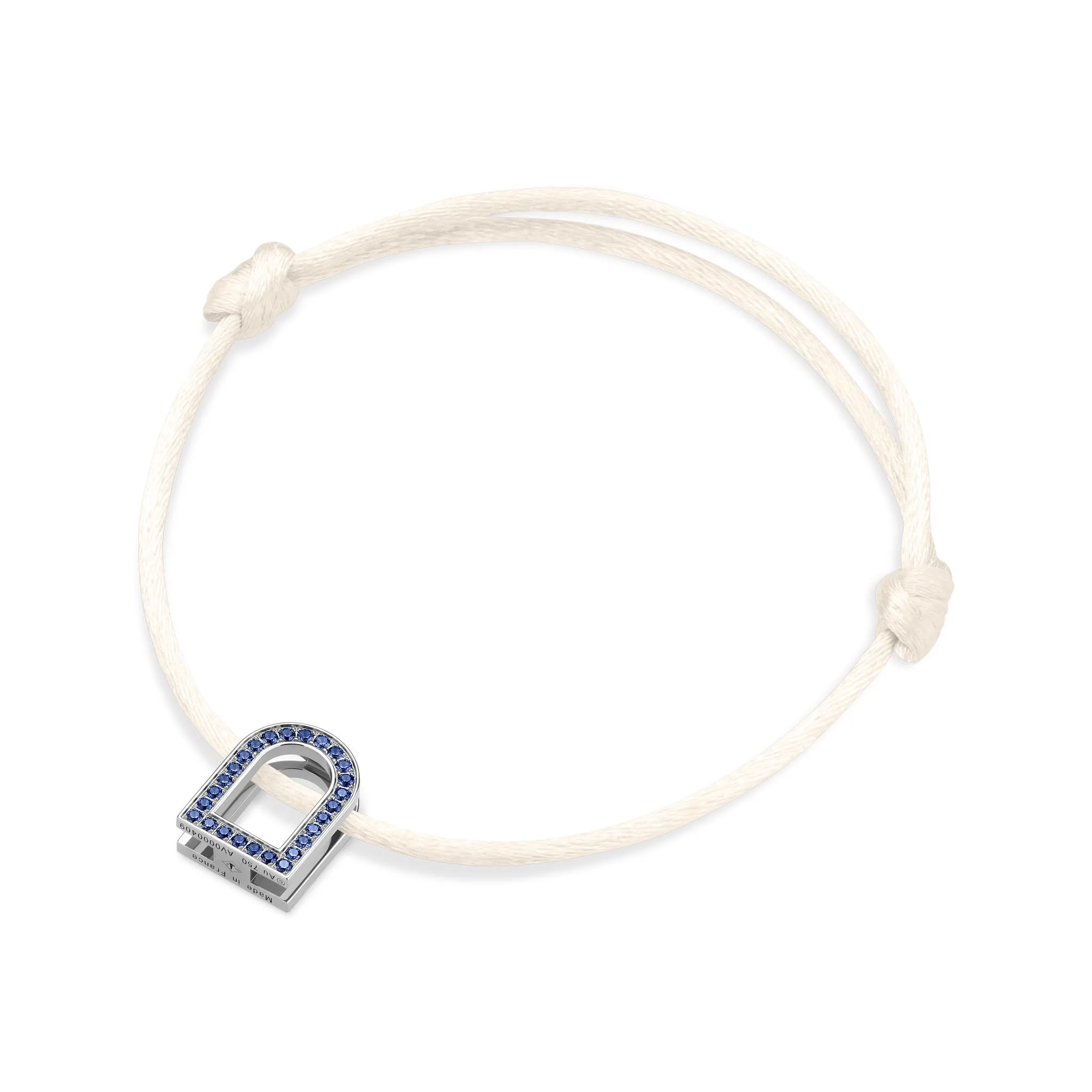 L'Arc Voyage Charm MM, 18k White Gold with Galerie Blue Sapphires on Silk Cord