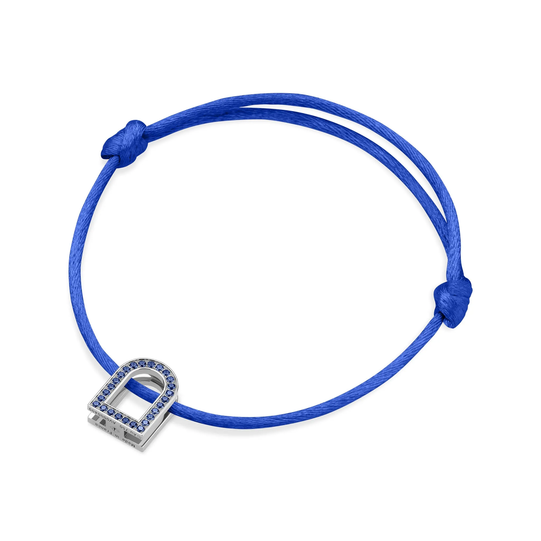 L'Arc Voyage Charm MM, 18k White Gold with Galerie Blue Sapphires on Silk Cord