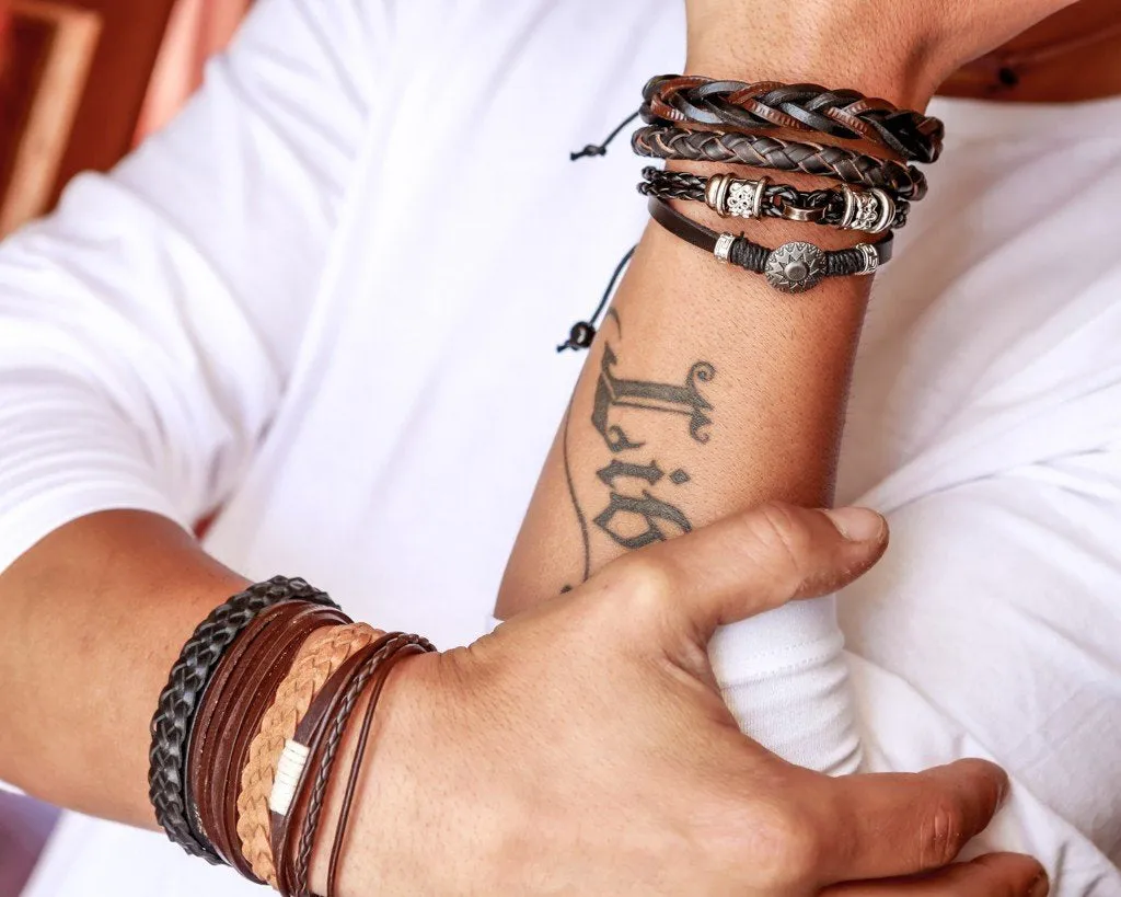 leather bracelet braided - mixed brown