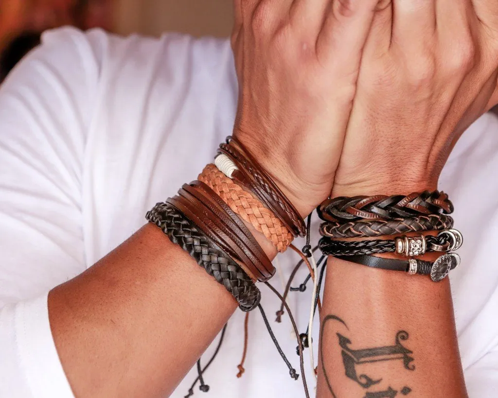 leather bracelet braided - mixed brown