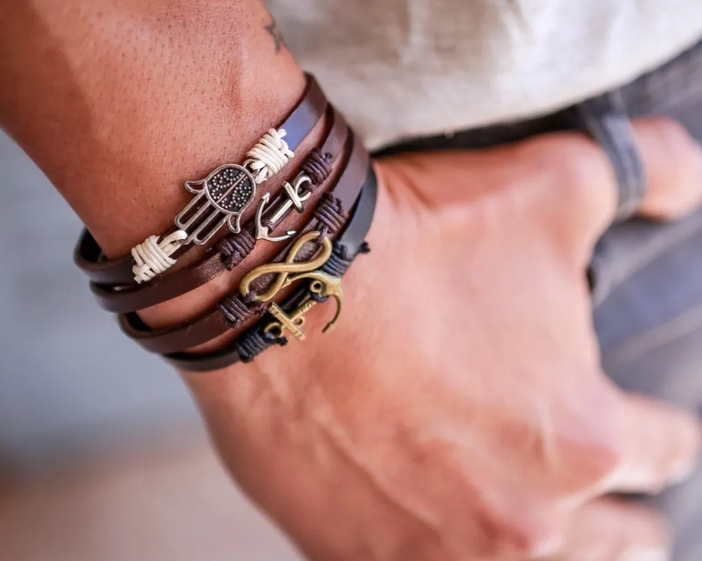 Leather Bracelet Brass anchor black