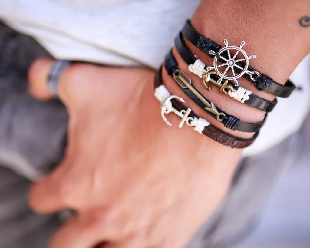 Leather Bracelet Brass anchor black