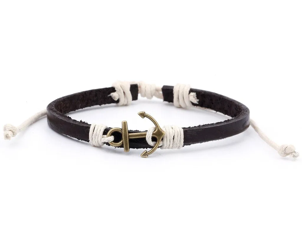 Leather Bracelet Brass anchor brown