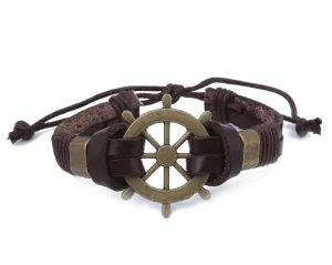 Leather Bracelet Large Brass Ship Wheel