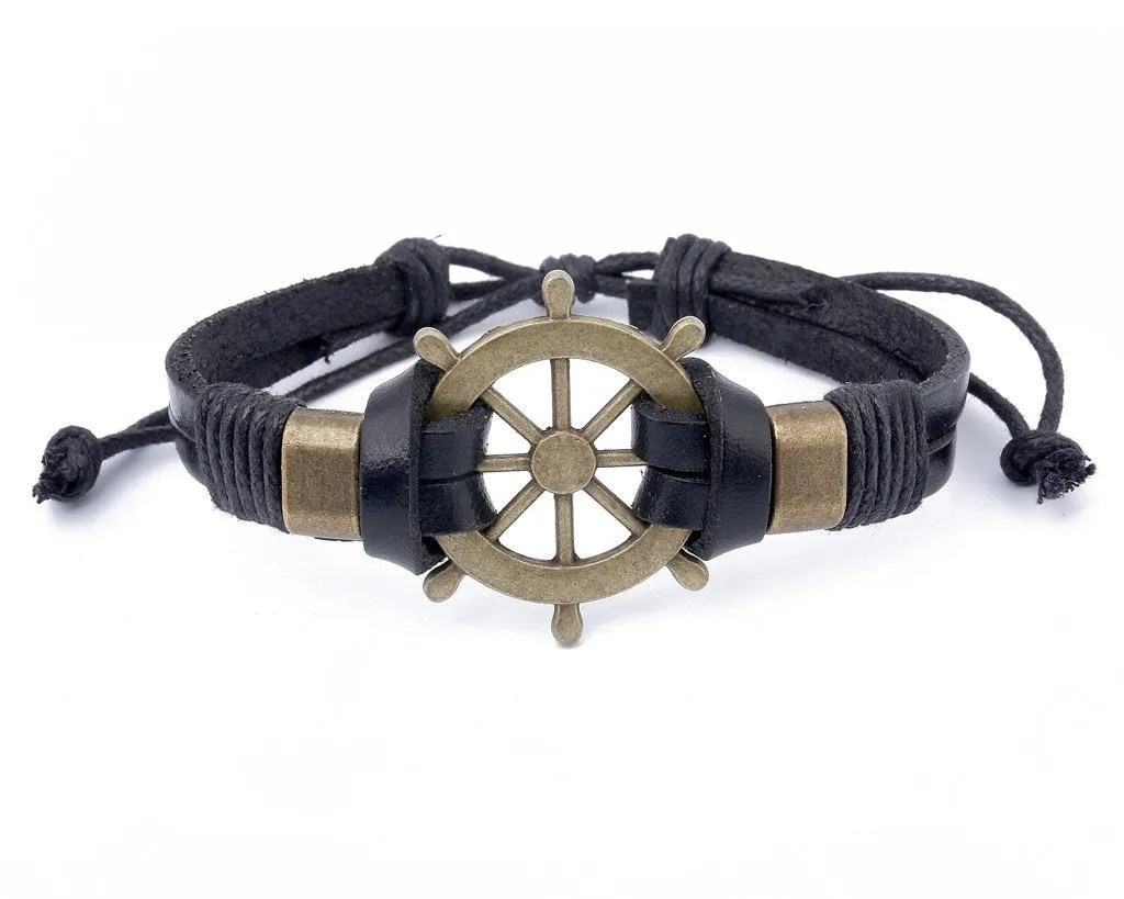 Leather Bracelet Large Brass Ship Wheel