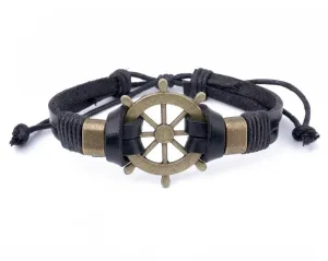 Leather Bracelet Large Brass Ship Wheel