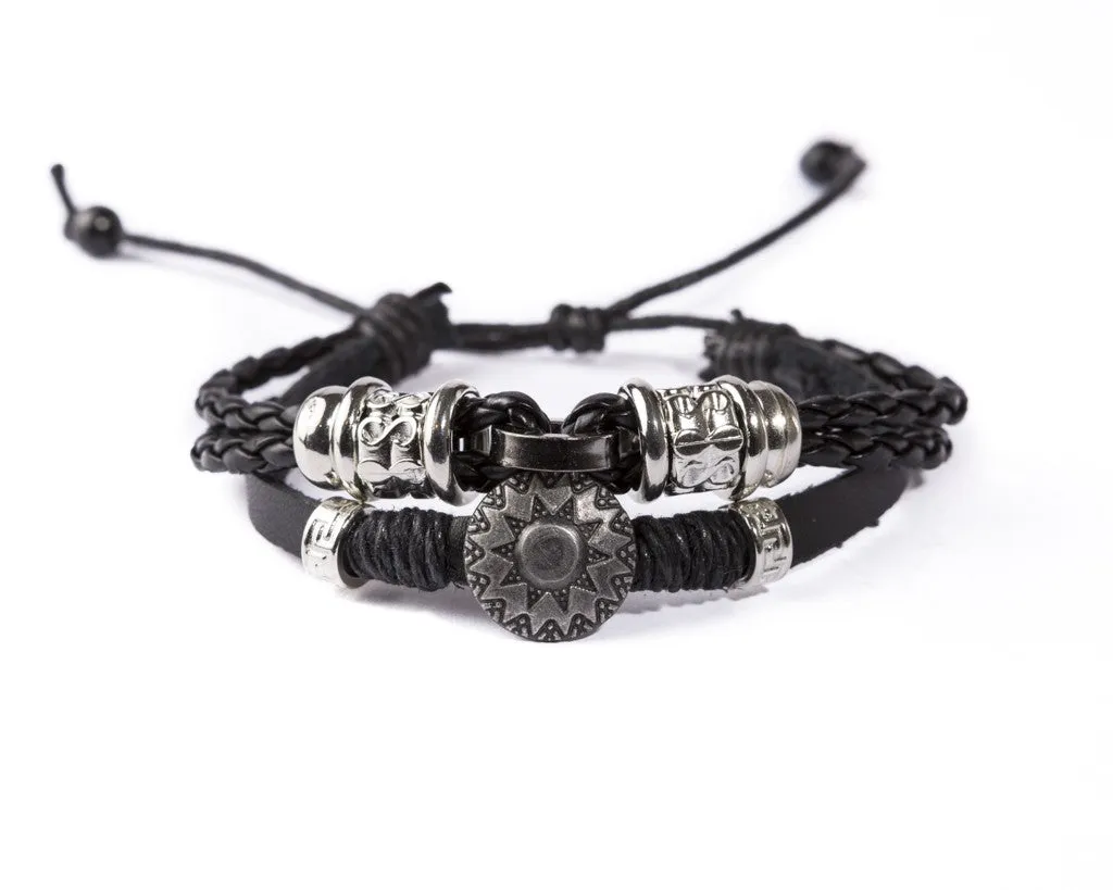 Leather Multistrand Bracelet - Black Flower B