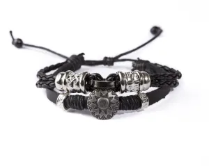 Leather Multistrand Bracelet - Black Flower B