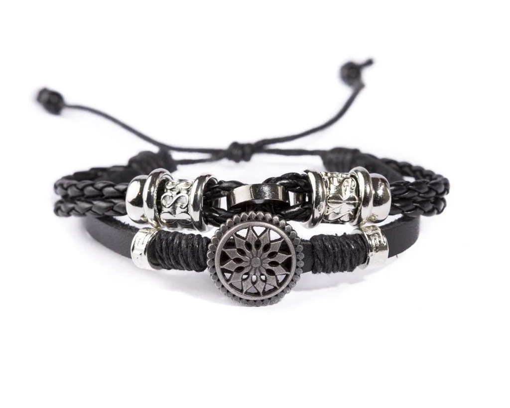 Leather Multistrand Bracelet - Black Flower C