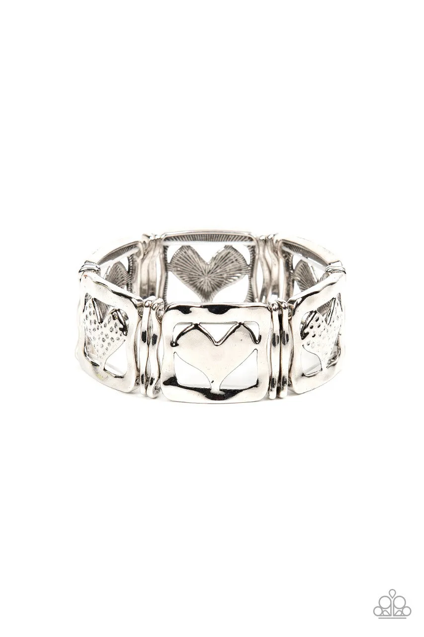 Legendary Lovers - Silver - Heart Cutout Hammered Paparazzi Stretchy Bracelet