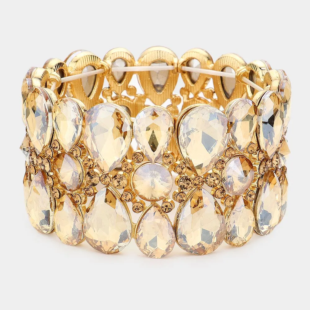 Light Topaz Crystal Teardrop Surround Stretch Pageant Bracelet | Prom Jewelry | 537648