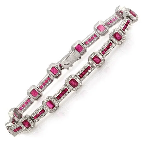 Linking Emerald-cut Ruby & Laced with Round Cut Diamond in 18k White Gold Bracelet
