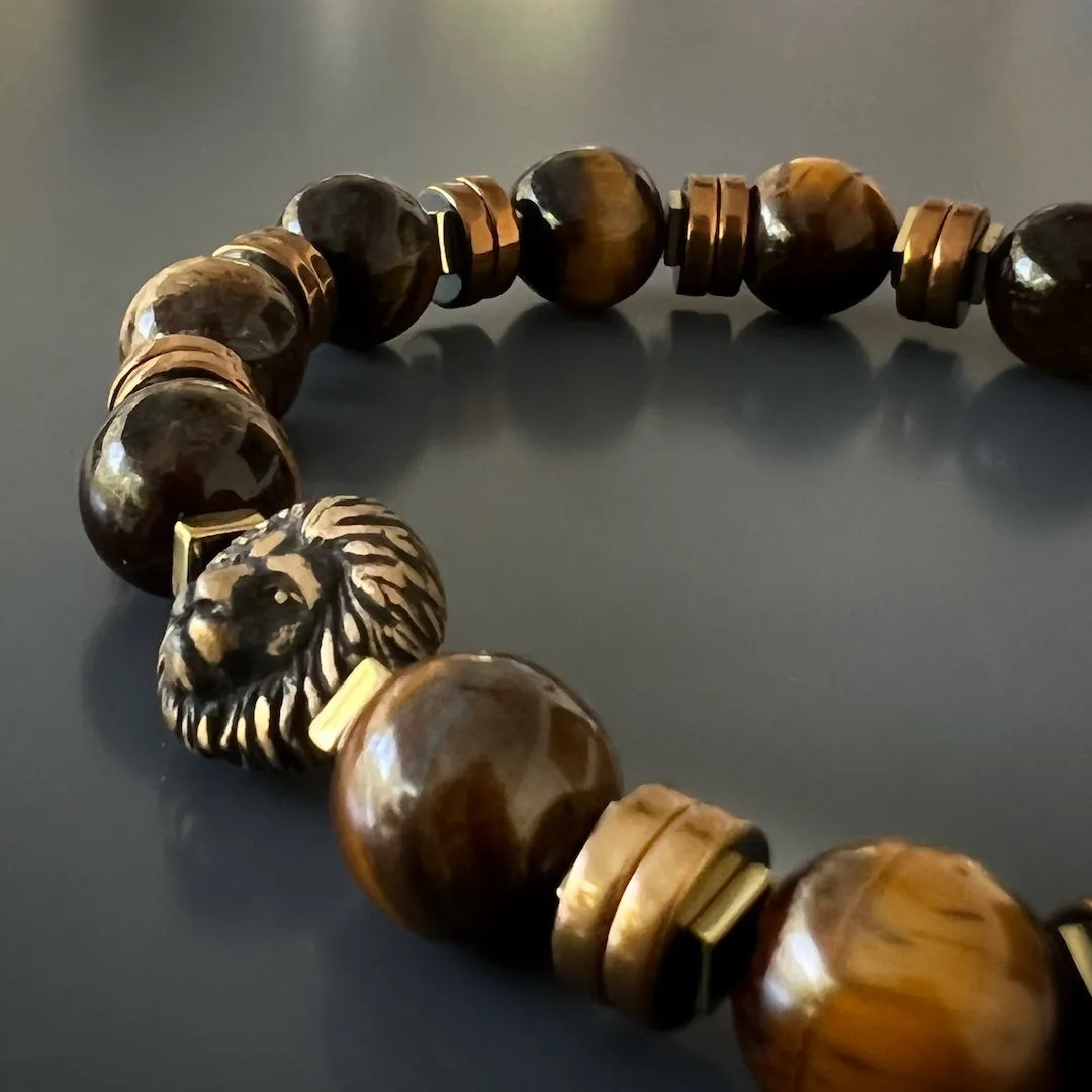 Lion Tiger Eye Men Beaded Bracelet