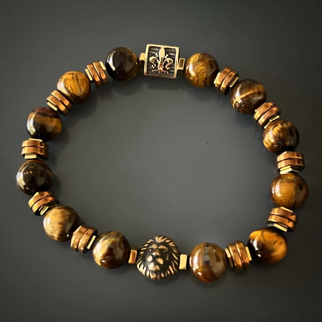 Lion Tiger Eye Men Beaded Bracelet