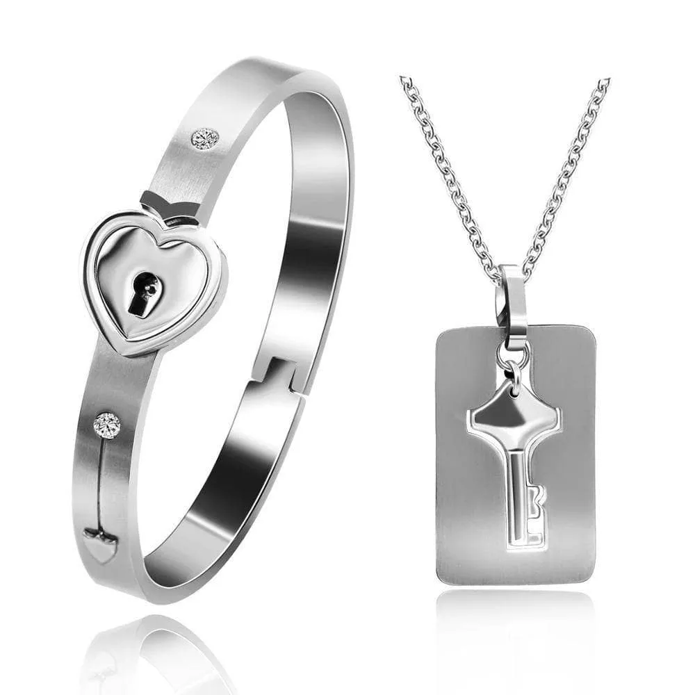 Lock and Key Necklace and Bracelet For Couples