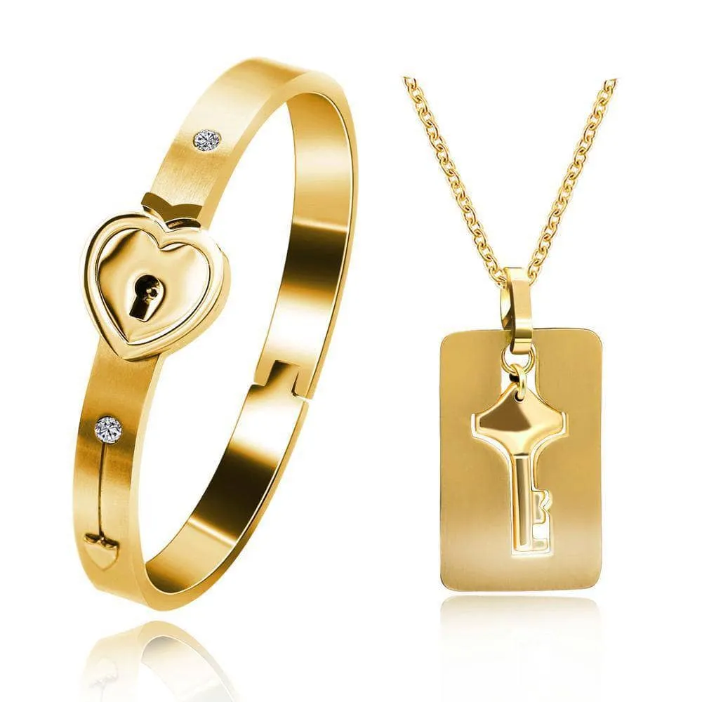 Lock and Key Necklace and Bracelet For Couples