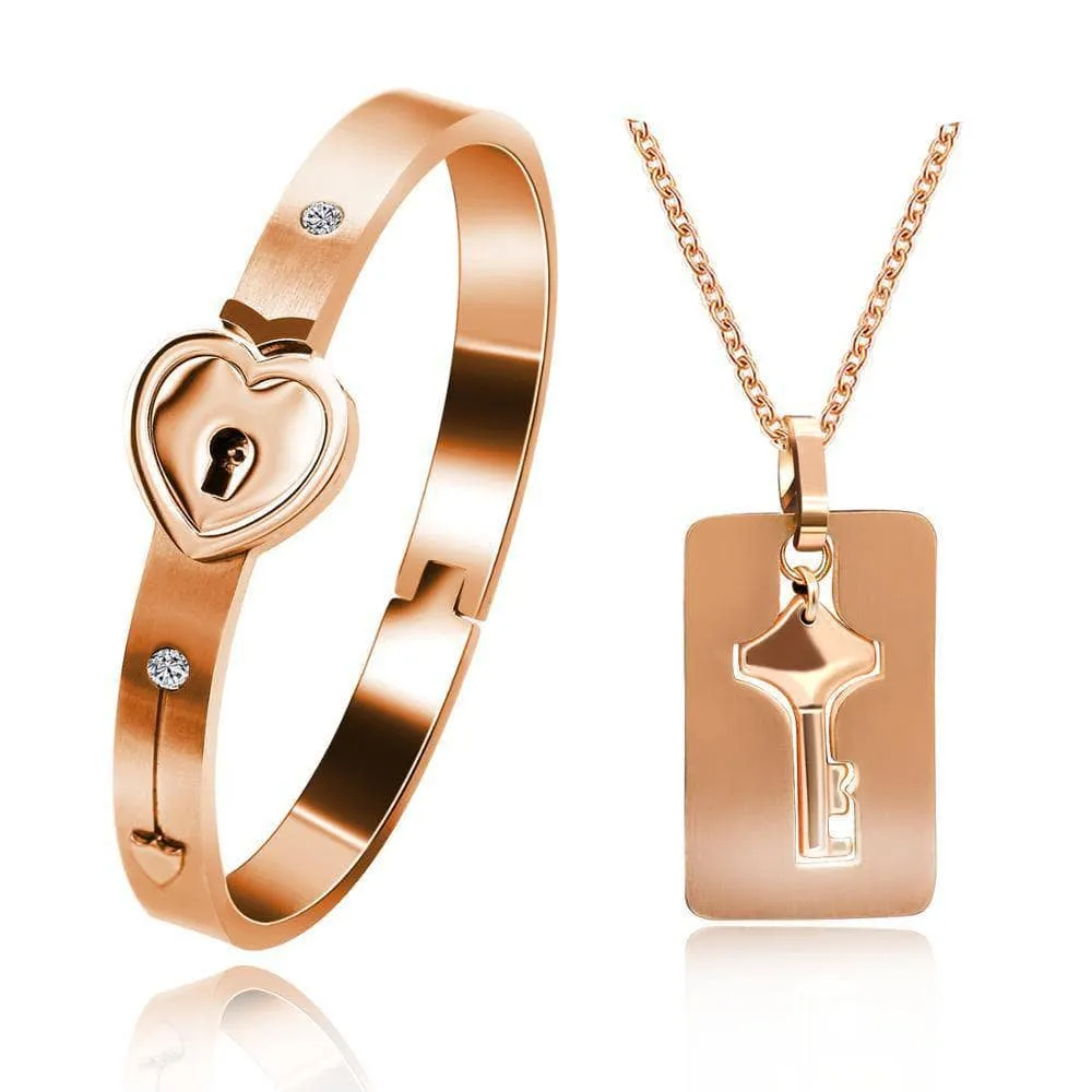 Lock and Key Necklace and Bracelet For Couples
