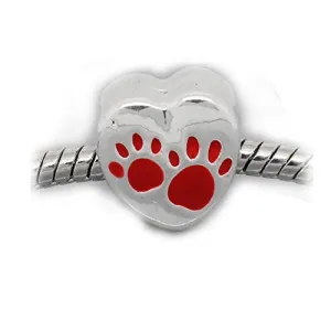 Love Heart Charm with Red Paw Print European Bead Compatible for Most European Snake Chain Bracelet