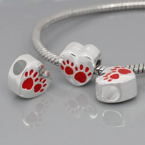 Love Heart Charm with Red Paw Print European Bead Compatible for Most European Snake Chain Bracelet