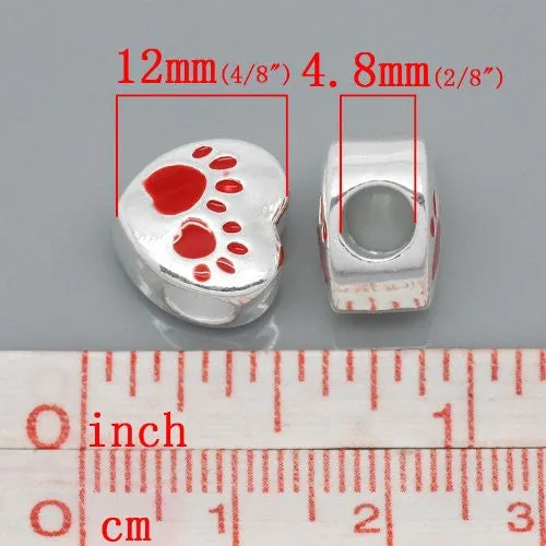 Love Heart Charm with Red Paw Print European Bead Compatible for Most European Snake Chain Bracelet