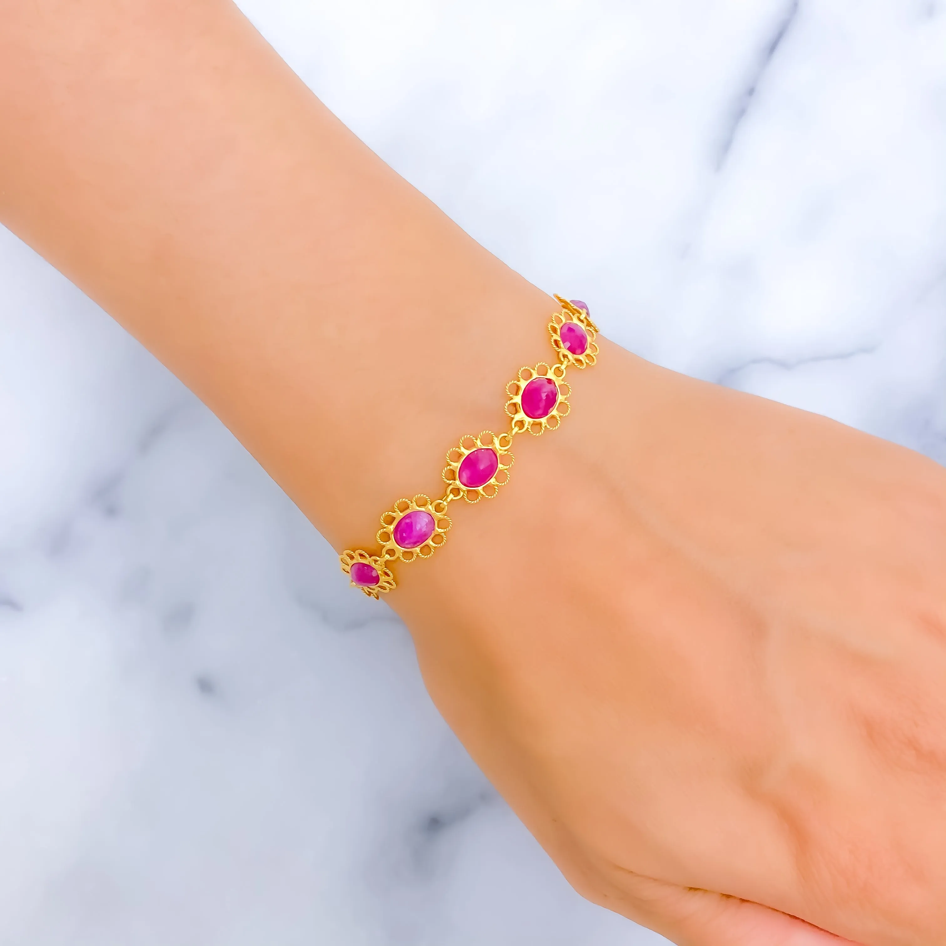 Lovely Linked Ruby Flowers 22k Gold Bracelet