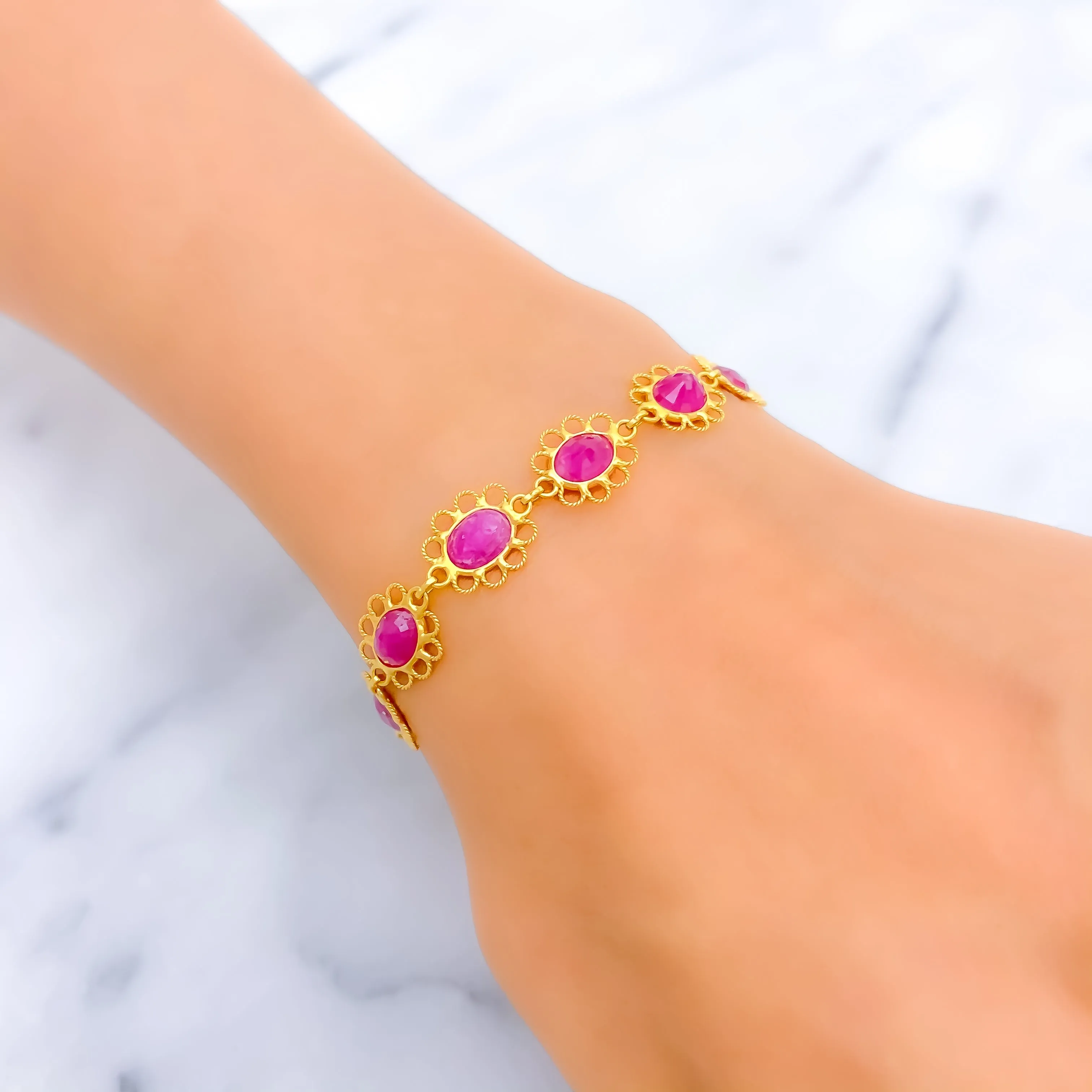 Lovely Linked Ruby Flowers 22k Gold Bracelet